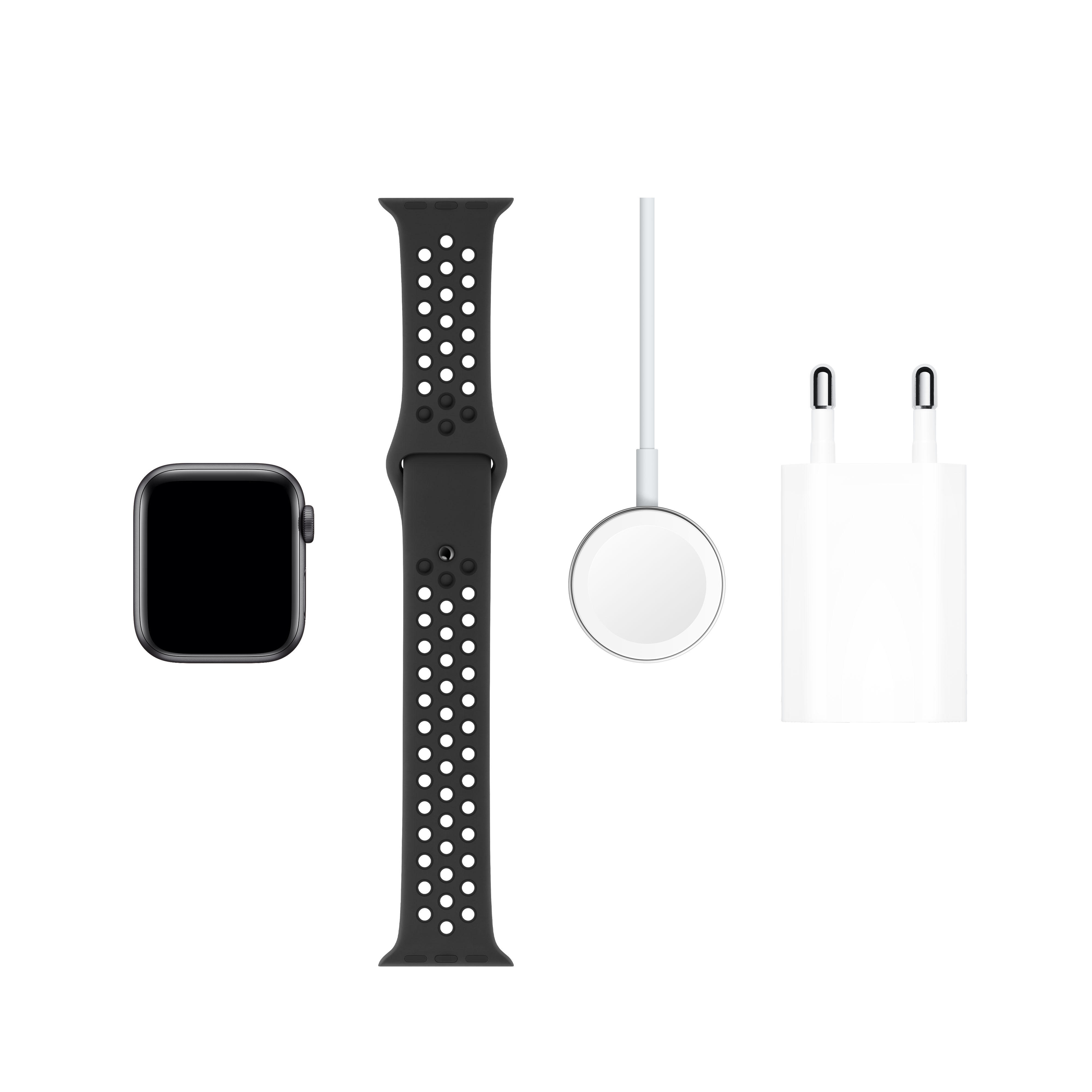 APPLE Watch Nike Series 5 (GPS + Cellular) 40mm Smartwatch Aluminium Fluorelastomer, 130 - 200 mm, Armband: Anthrazit  Schwarz, Gehäuse: Space Grey
