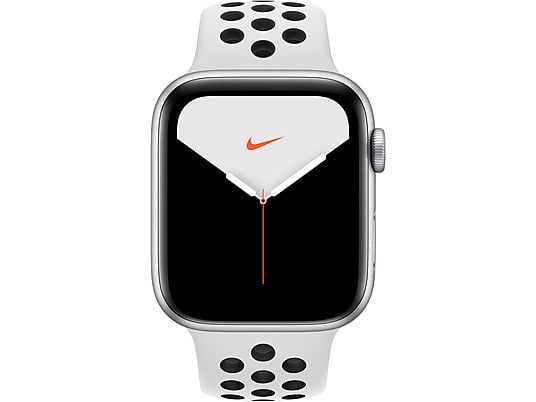 APPLE Watch Nike Series 5 (GPS + Cellular) 44mm Smartwatch Aluminium Fluorelastomer, 140 - 200 mm , Armband: Pure  Platinum Schwarz, Gehäuse: Silber