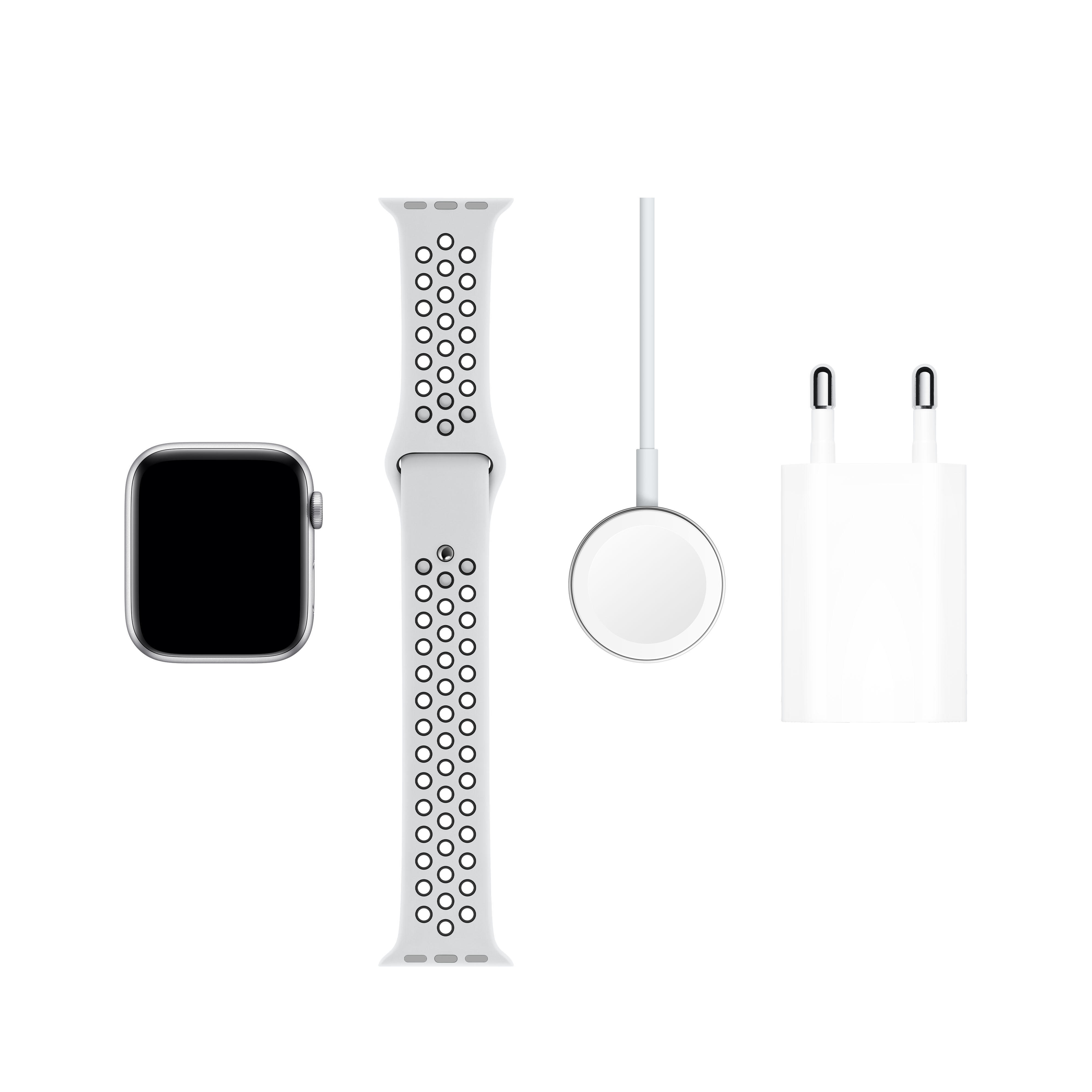 APPLE Watch - Gehäuse: mm , + (GPS Pure Schwarz, Nike Silber 200 Cellular) Smartwatch 44mm Armband: 5 Series 140 Fluorelastomer, Platinum Aluminium