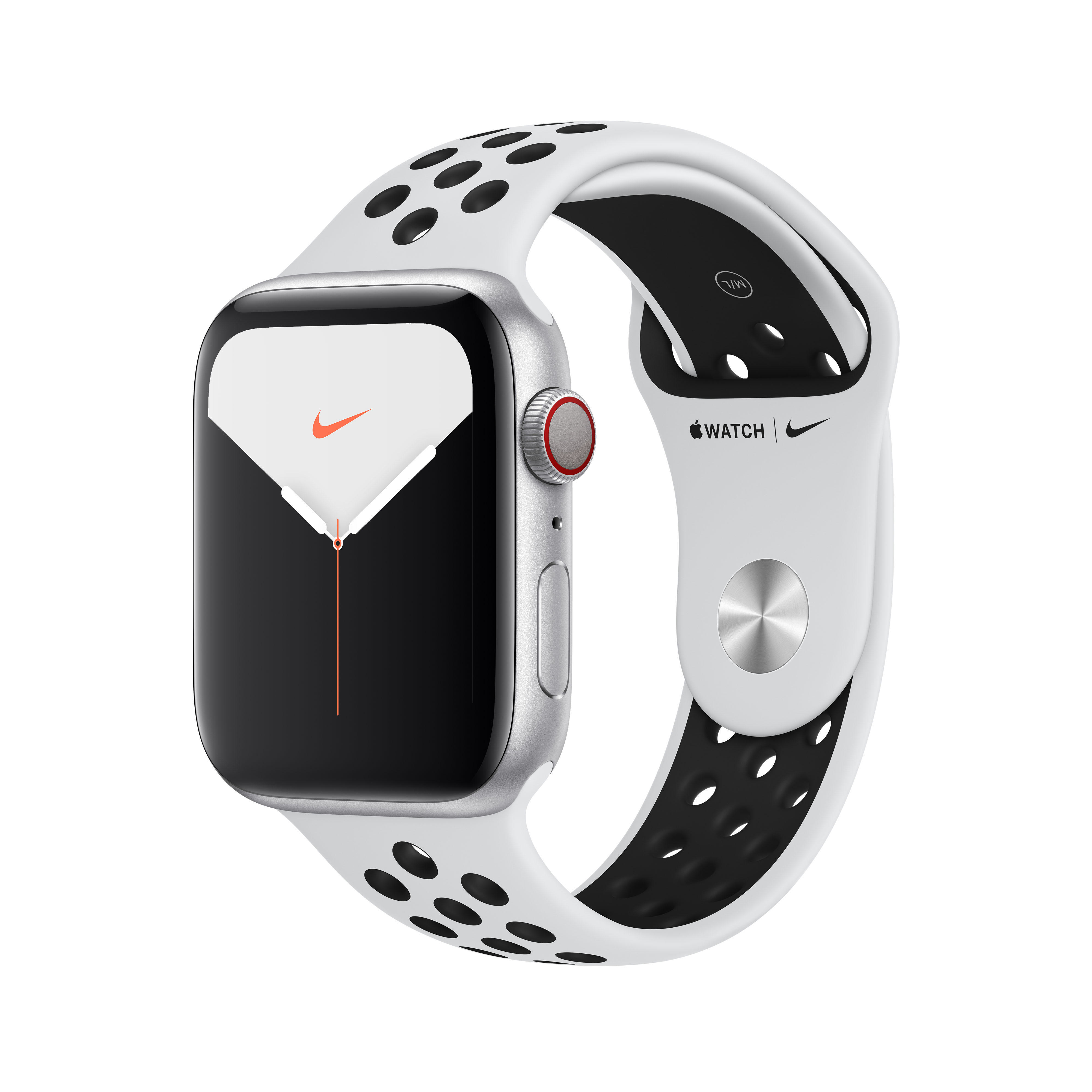 APPLE Watch - Gehäuse: mm , + (GPS Pure Schwarz, Nike Silber 200 Cellular) Smartwatch 44mm Armband: 5 Series 140 Fluorelastomer, Platinum Aluminium