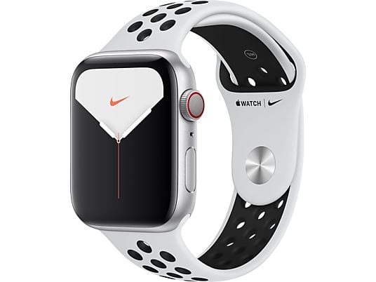 APPLE Watch Nike Series 5 (GPS + Cellular) 44mm Smartwatch Aluminium Fluorelastomer, 140 - 200 mm , Armband: Pure  Platinum Schwarz, Gehäuse: Silber