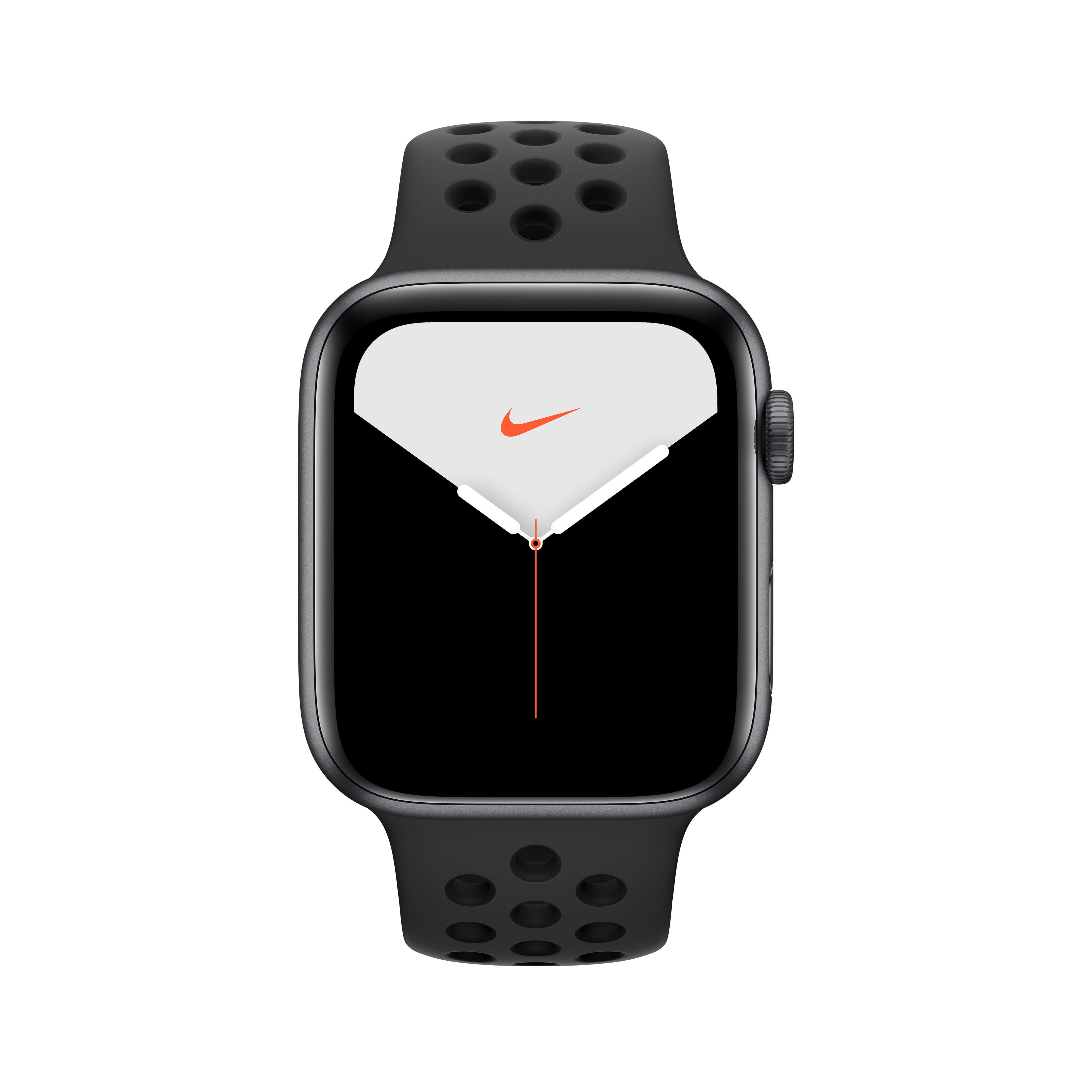 APPLE Watch (GPS - Series , 5 Smartwatch Space Cellular) 200 Nike + Anthrazit 44mm Gehäuse: Schwarz, Aluminium Armband: 140 Grey Fluorelastomer, mm