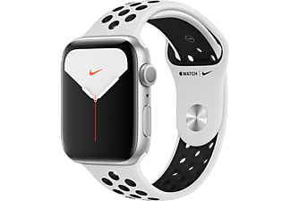 APPLE Watch Nike Series 5 44mm Smartwatch Aluminium Fluorelastomer, 140 - 200 mm , Armband: Pure  Platinum Schwarz, Gehäuse: Silber