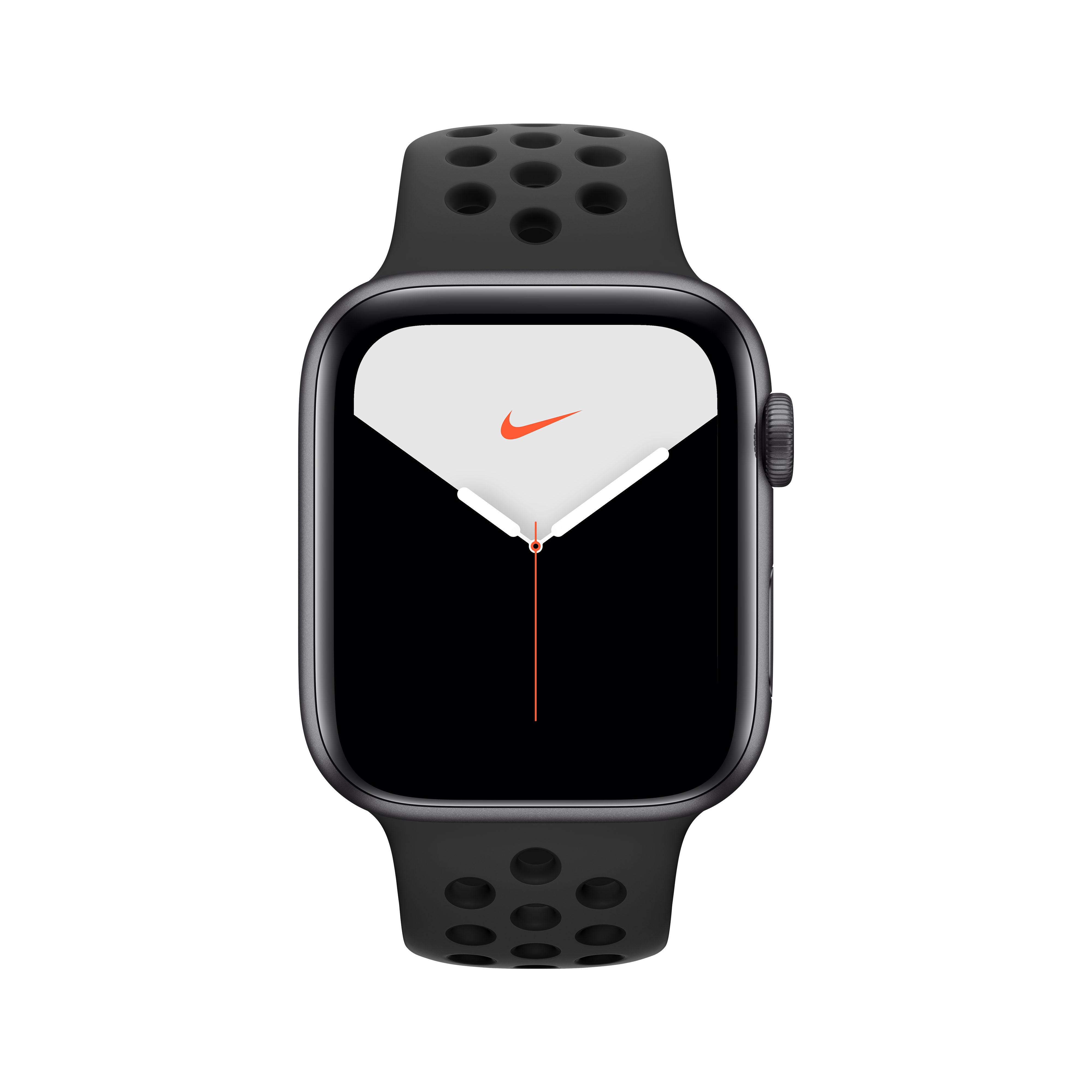 APPLE Watch Nike Series 5 44mm Smartwatch Aluminium Fluorelastomer, 140 - 200 mm , Armband: Anthrazit  Schwarz, Gehäuse: Space Grey