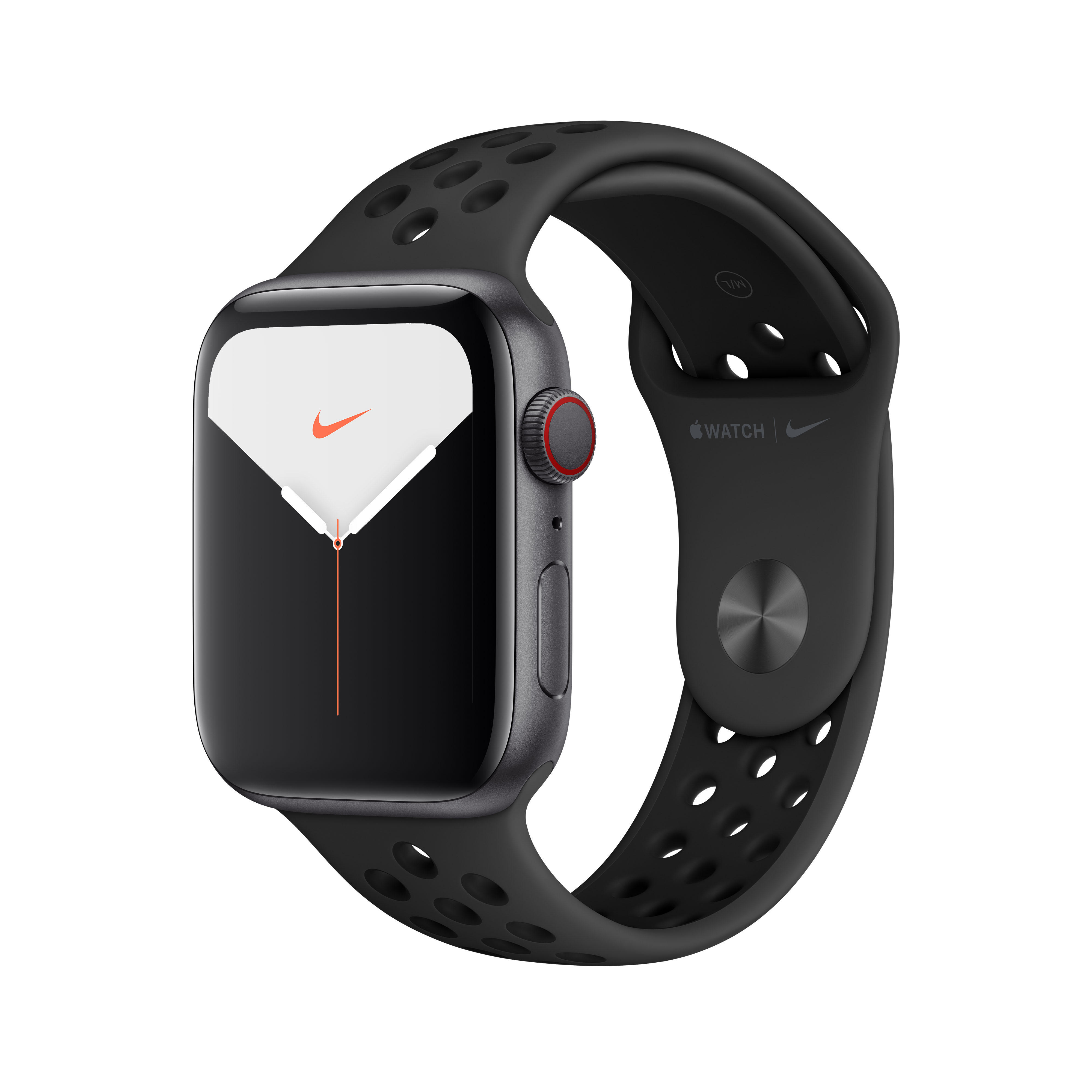 APPLE Watch (GPS - Series , 5 Smartwatch Space Cellular) 200 Nike + Anthrazit 44mm Gehäuse: Schwarz, Aluminium Armband: 140 Grey Fluorelastomer, mm