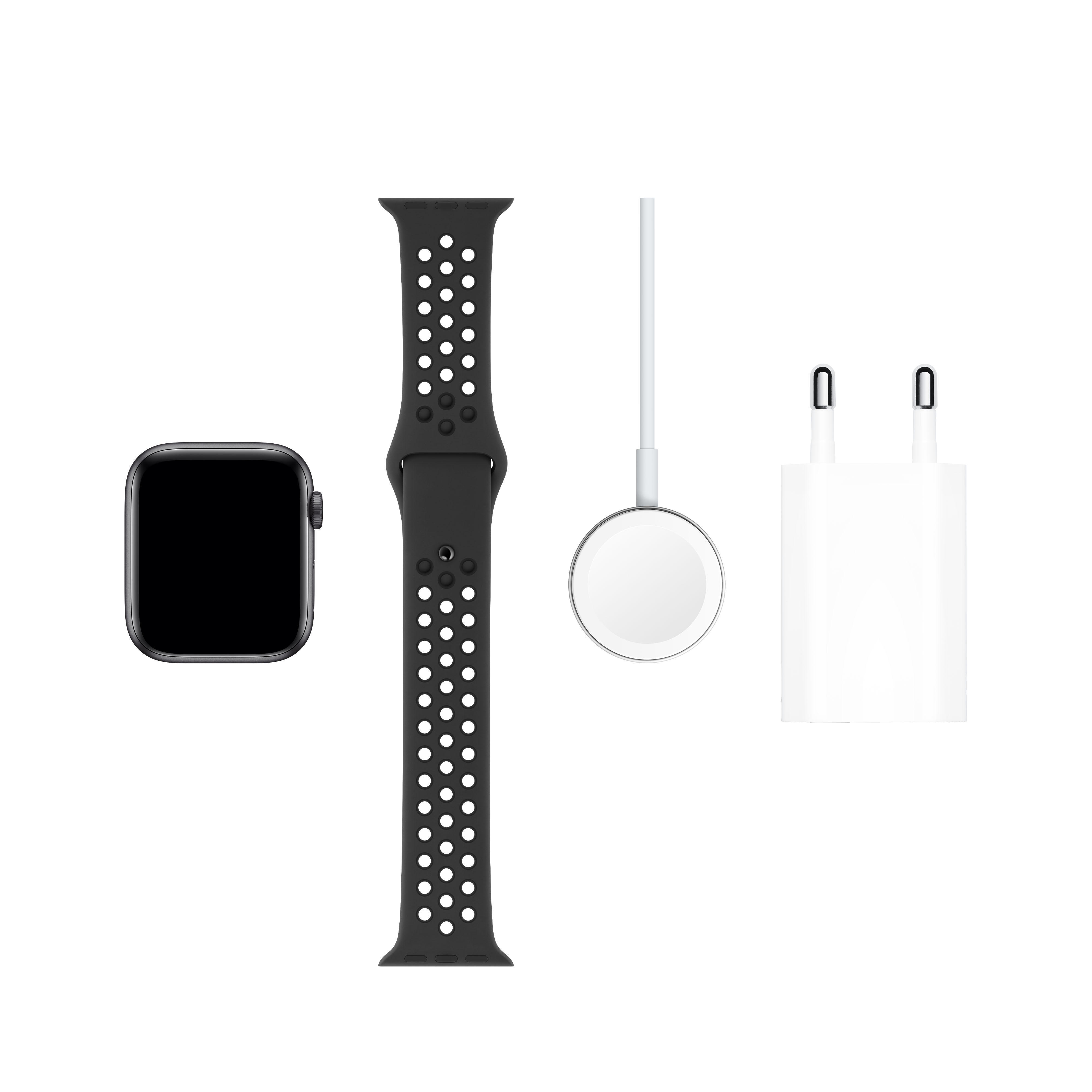 APPLE Watch Nike Series 5 44mm Smartwatch Aluminium Fluorelastomer, 140 - 200 mm , Armband: Anthrazit  Schwarz, Gehäuse: Space Grey
