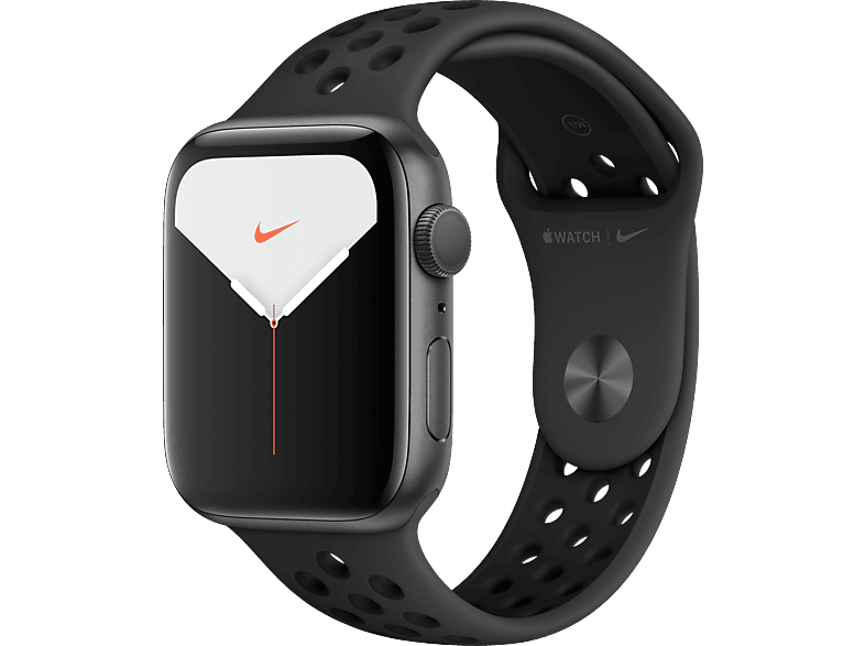 APPLE Watch Nike Series 5 44mm Smartwatch Aluminium Fluorelastomer, 140 - 200 mm , Armband: Anthrazit  Schwarz, Gehäuse: Space Grey