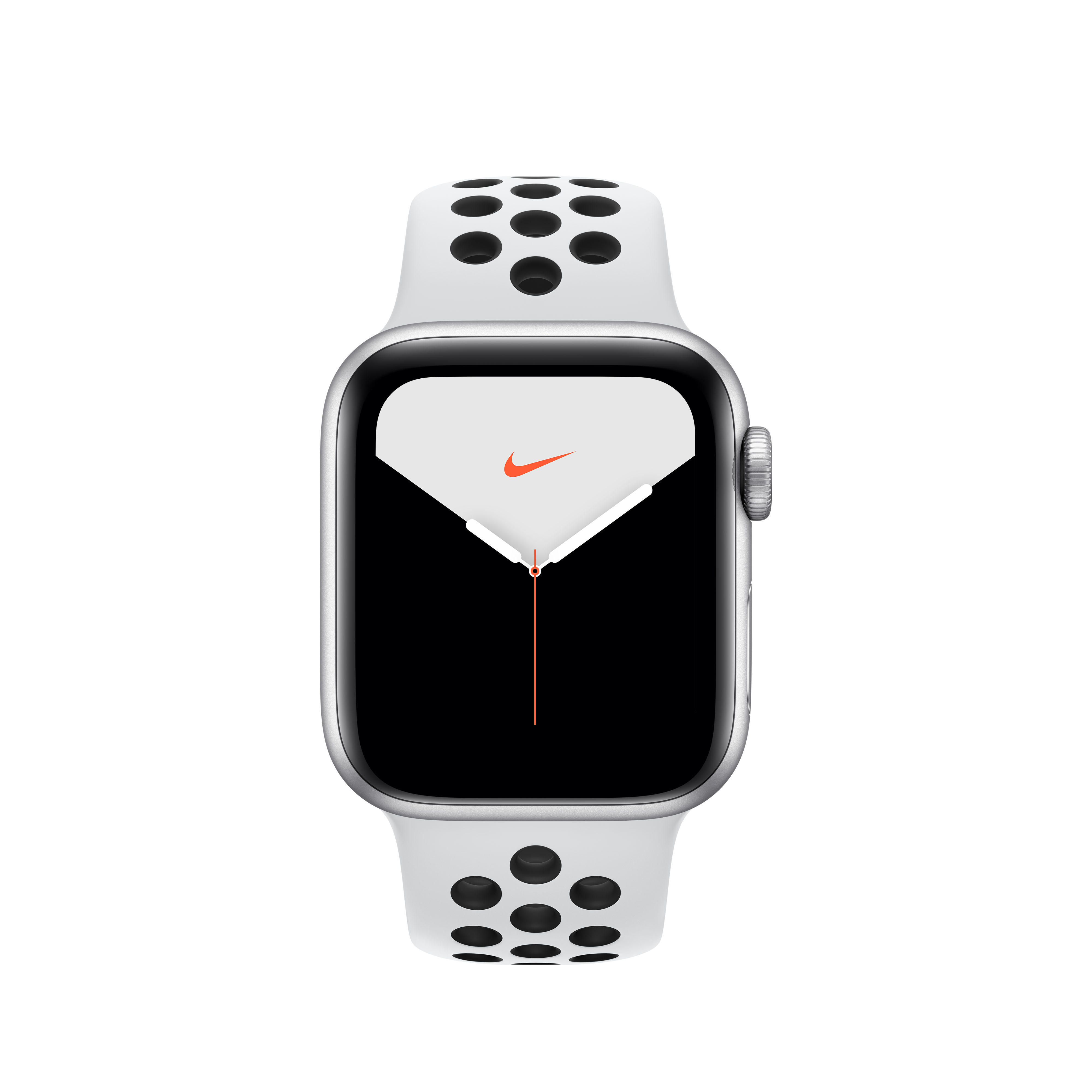 APPLE Watch Nike Series 5 40mm Smartwatch Aluminium Fluorelastomer, 130 - 200 mm, Armband: Pure  Platinum Schwarz, Gehäuse: Silber