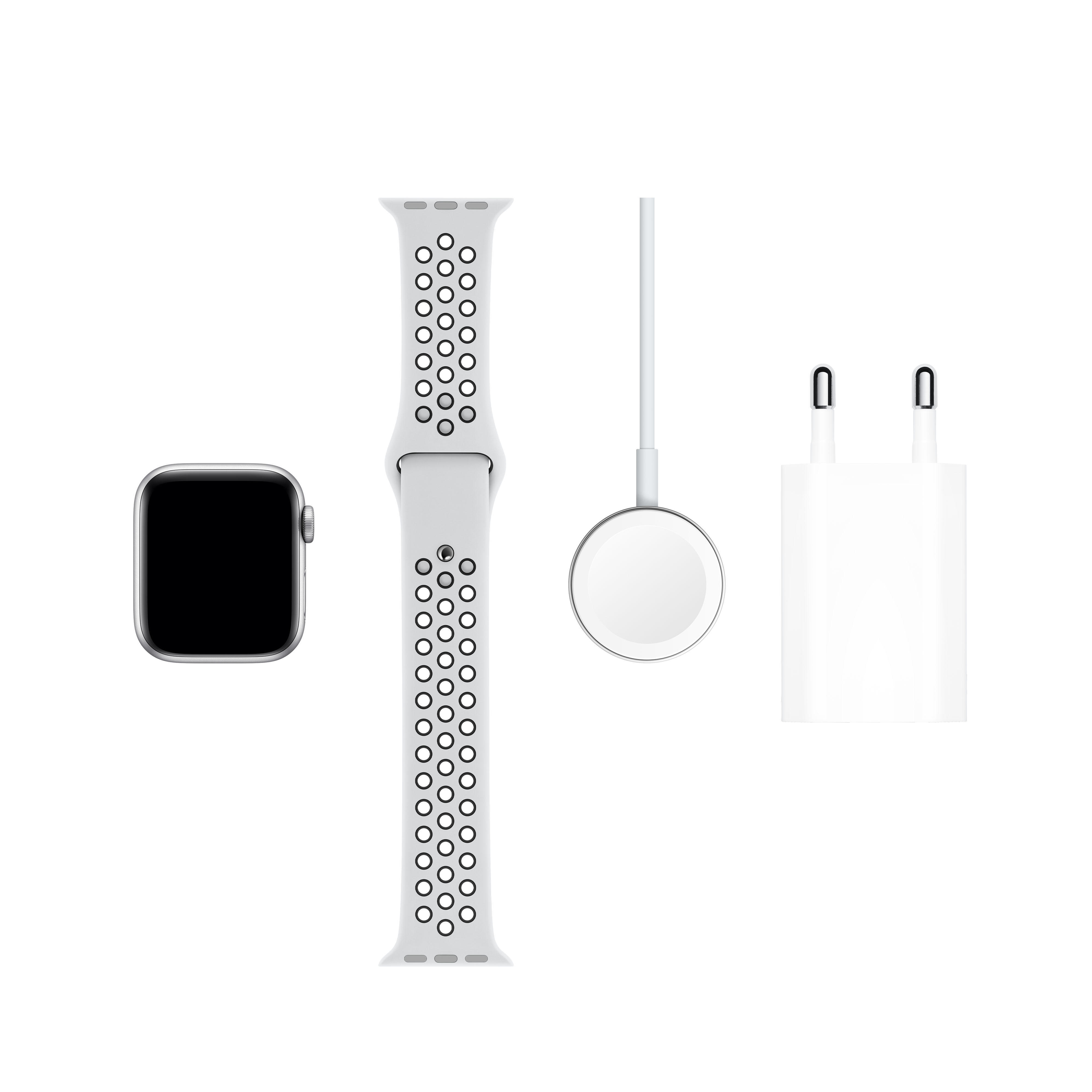 APPLE Watch Nike Series 5 40mm Smartwatch Aluminium Fluorelastomer, 130 - 200 mm, Armband: Pure  Platinum Schwarz, Gehäuse: Silber