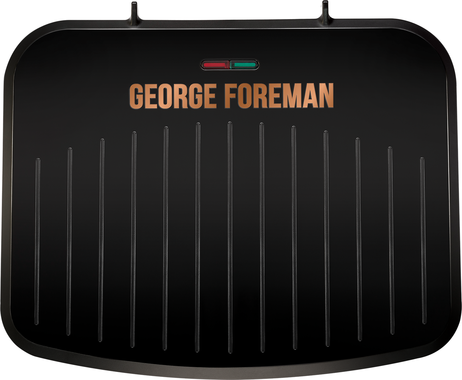 A black George Foreman grill with the brand name and red/green lights.