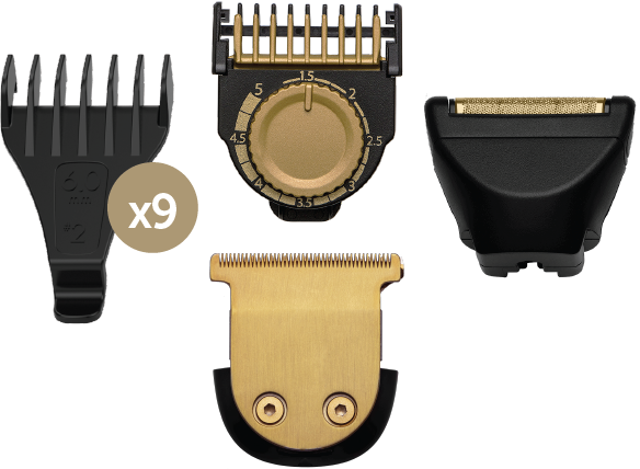 Grooming kit parts: combs, blades, and a dial.