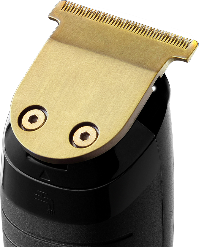 Close-up of a black and gold beard trimmer blade with two screws.