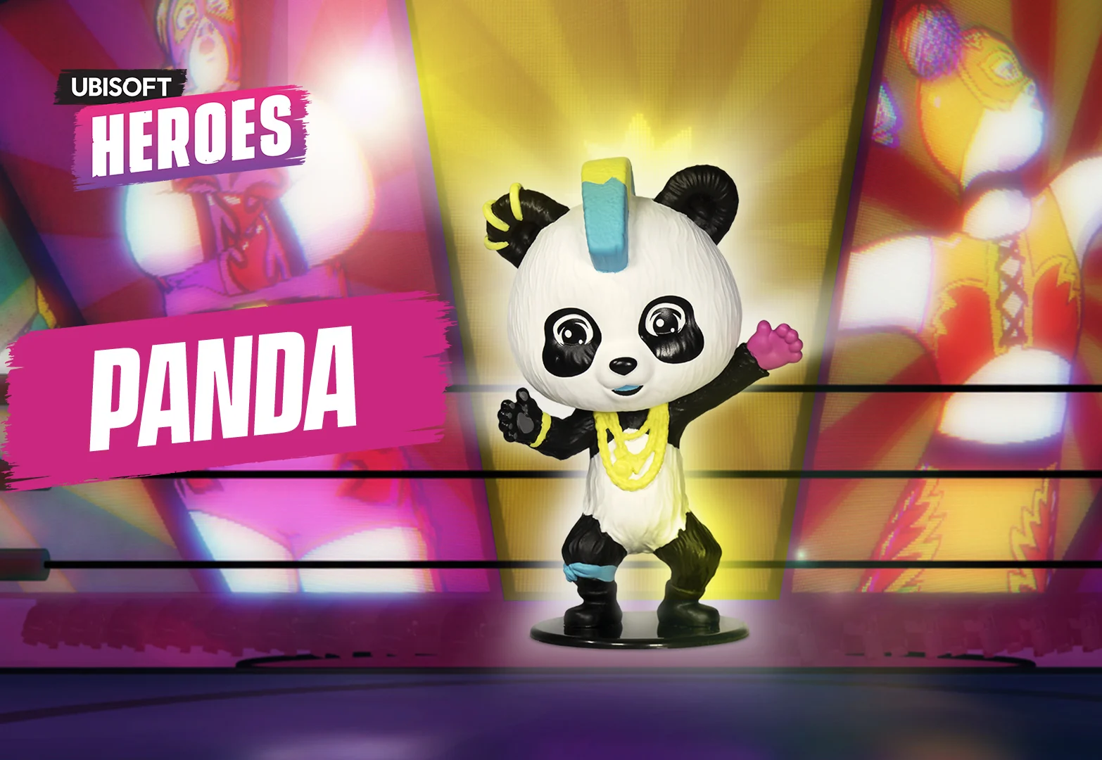 Ein Panda-Spielzeug in einem Wrestling-Outfit, mit dem Wort 'PANDA' in fetten Buchstaben.