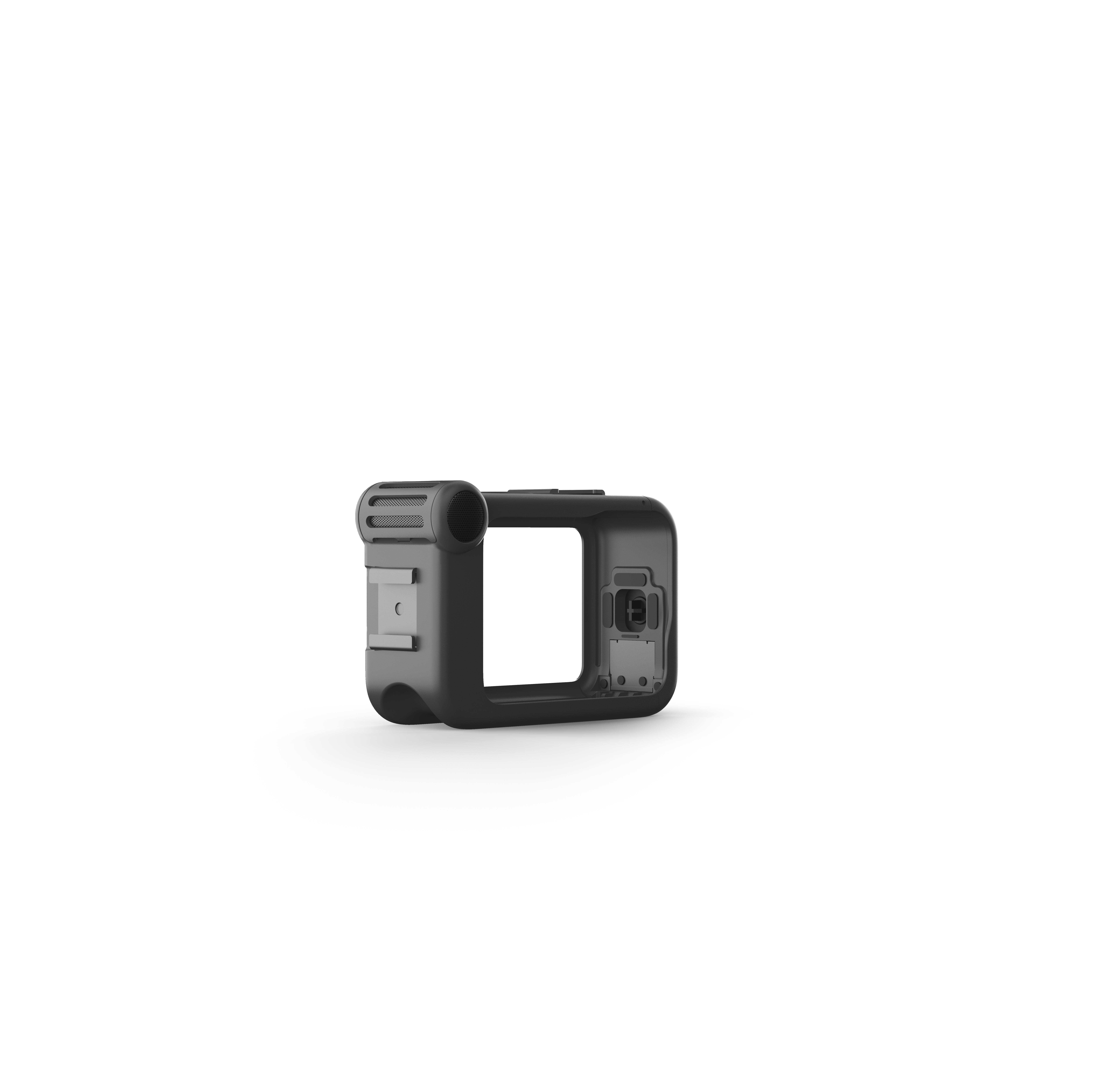 Schwarzer GoPro-Rahmen auf weißem Hintergrund, an einer Seite offen.