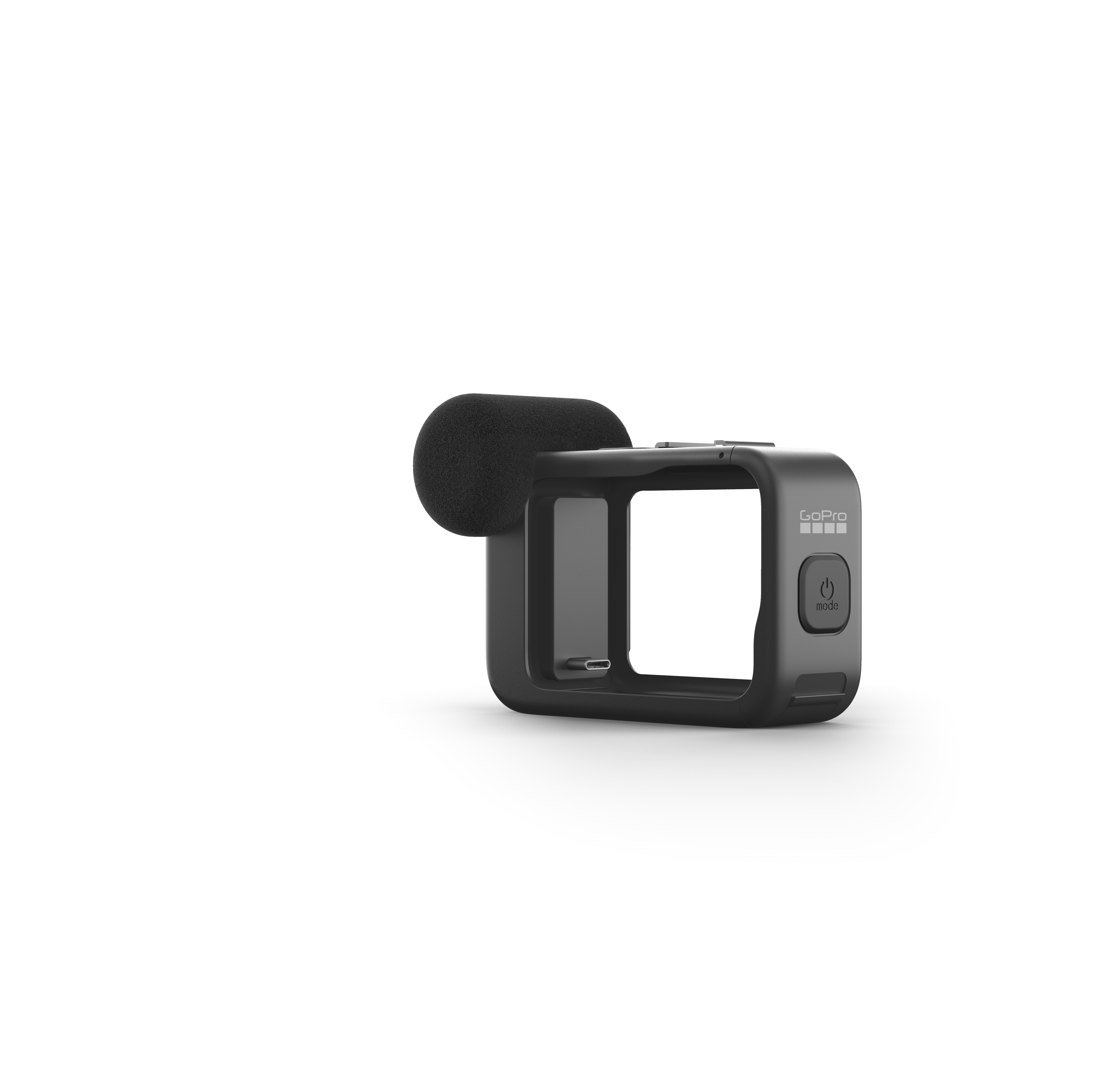 Ein schwarzer GoPro-Kamera-Rahmen mit Mikrofonaufsatz und der Modus-Taste sichtbar.