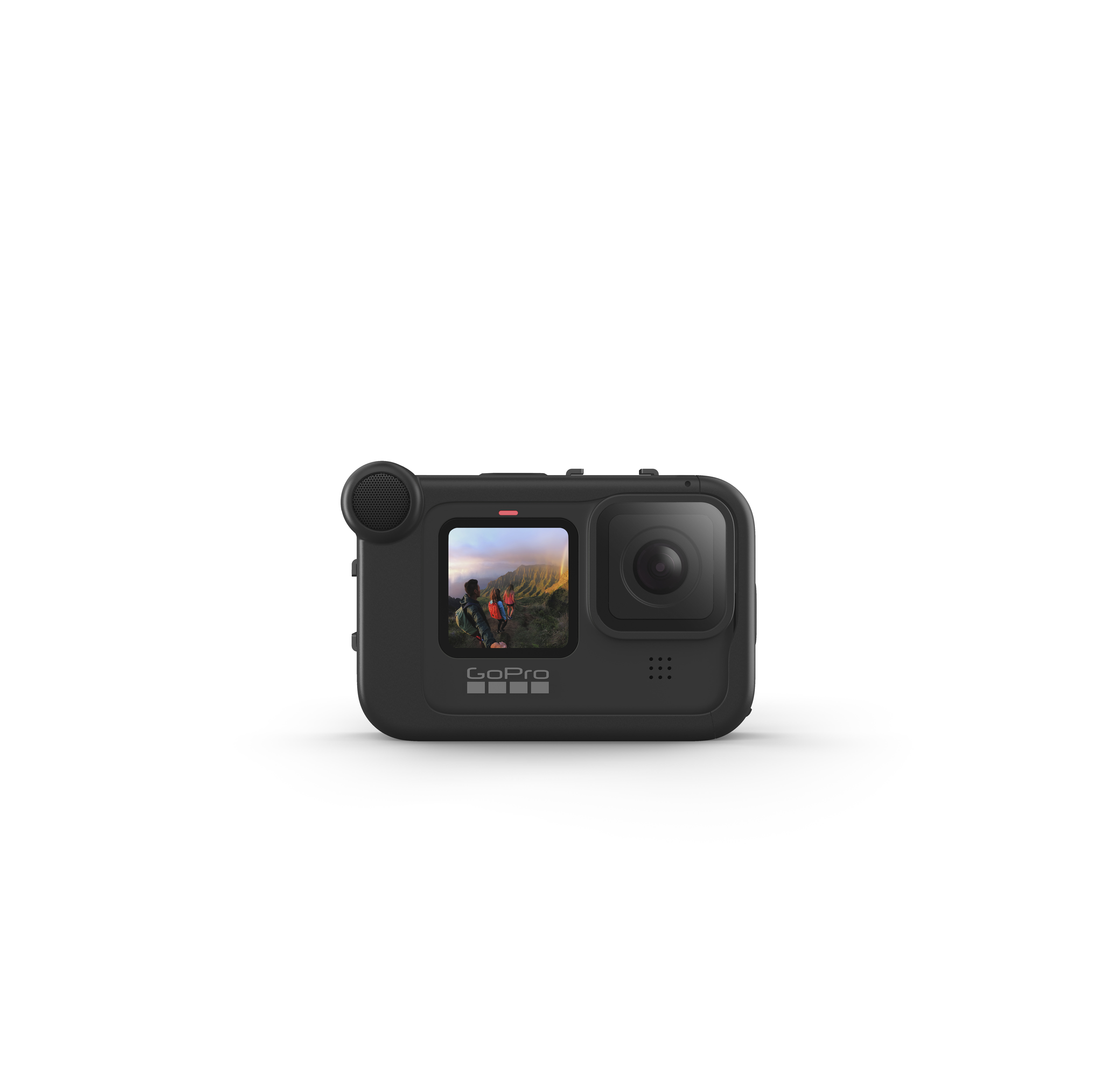 Schwarze GoPro-Kamera, Bildschirm zeigt Bergansicht, mit Objektiv und Knöpfen auf weißem Hintergrund.