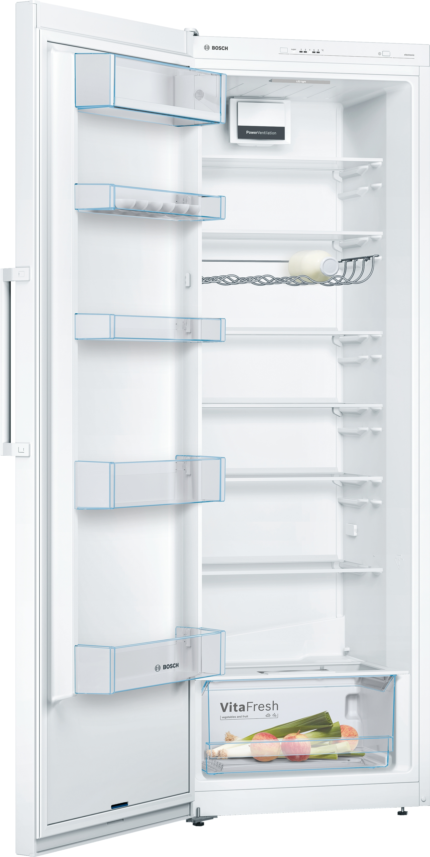 Open witte koelkast met meerdere planken, laden en voedsel erin.