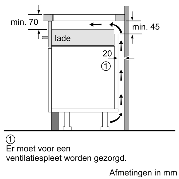 Technical diagram showing ventilation requirements for a built-in appliance.