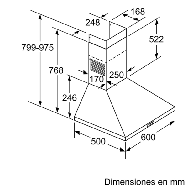 Dibujo técnico con dimensiones de una campana extractora en milímetros.