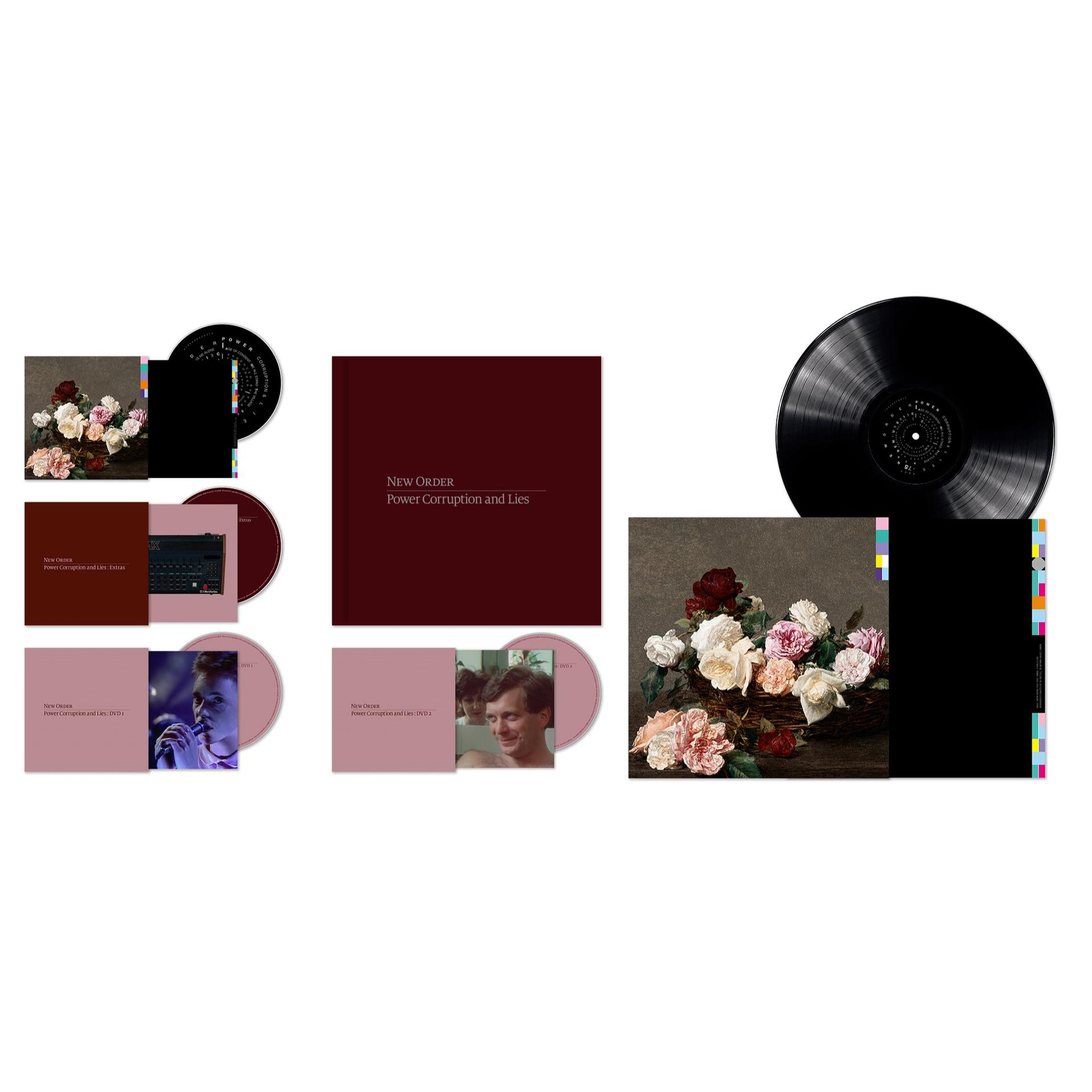 Album borító bakelit lemezzel, CD-kkel és egy könyvvel. Virágok láthatók a borítón.