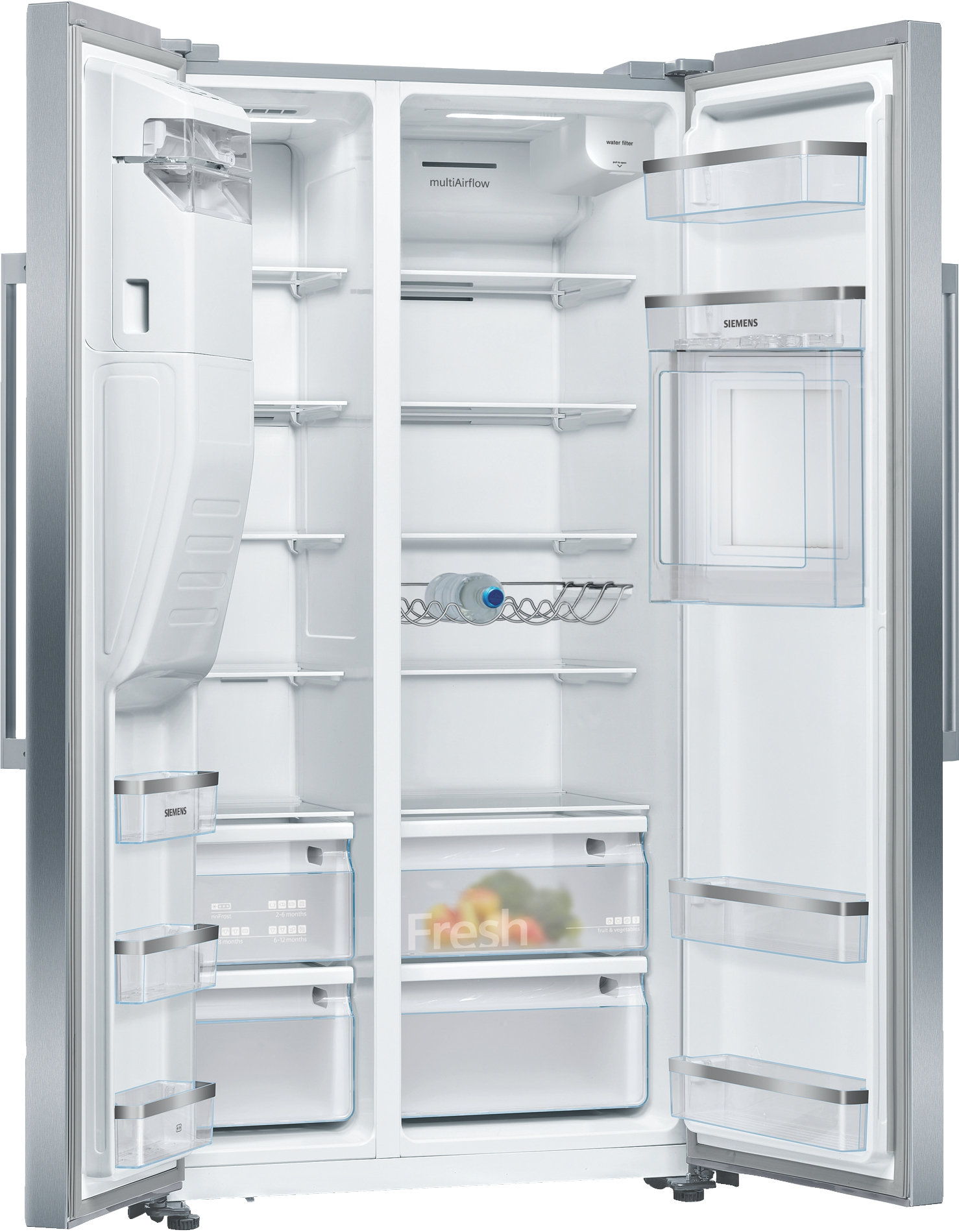 Ein silberner Kühlschrank mit geöffneten Türen, zeigt Regale und Innenraum.