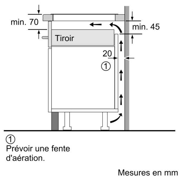 Technical drawing of a kitchen cabinet with measurements in mm. Arrows indicate ventilation openings.