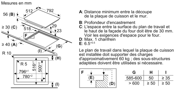 Technical drawing with measurements and labels for an appliance installation.