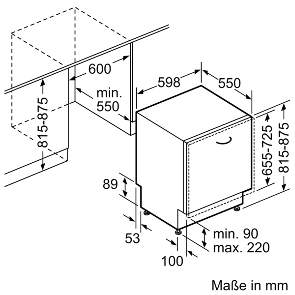 Diagramm mit den Abmessungen eines Bosch-Geschirrspülers, mit Maßen in Millimetern.