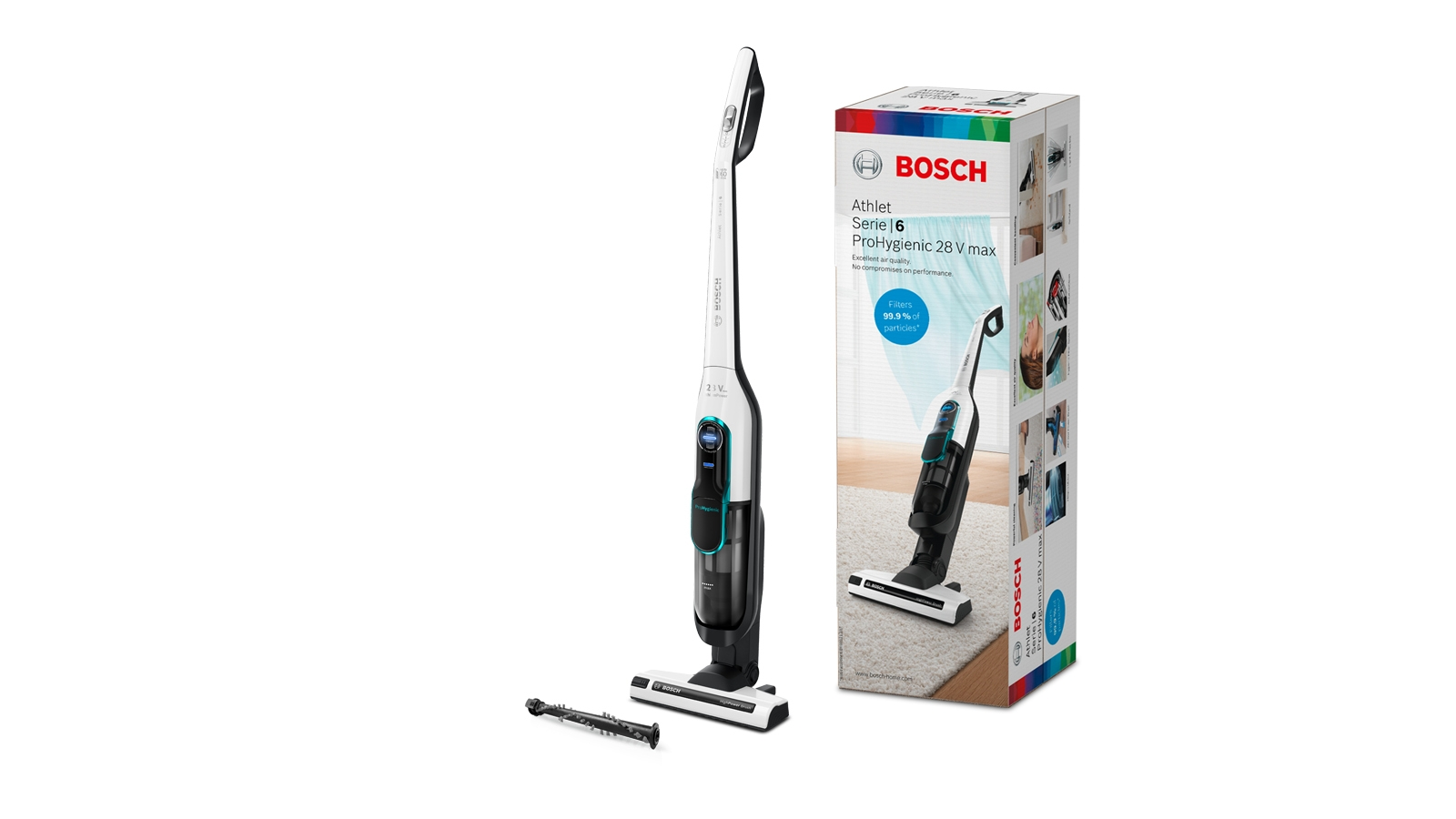 Aspirador escoba - Bosch BCH86HYG2, 28V, 0.9 L, Tecnología de iones de litio, Autonomía 60 min, Blanco