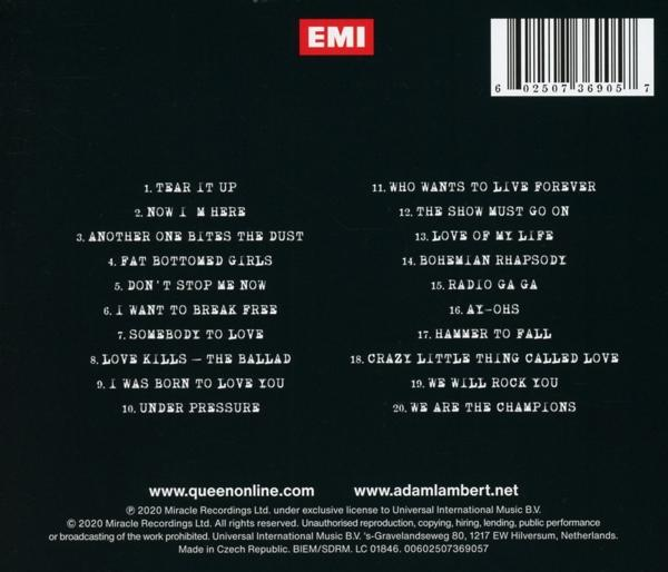 Egy CD-tok hátulja, a számok listájával és elérhetőségi adatokkal. EMI logó a tetején. Fekete háttér, fehér szöveg.