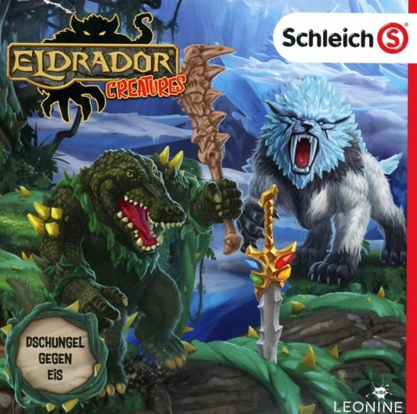 Eldrador Creatures Cover. Krokodilähnliches Wesen und wolfsähnliches Wesen kämpfen.
