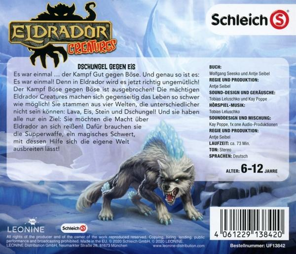 Rückseite einer Schleich-Spielzeugbox mit einer wolfsartigen Kreatur und deutschem Text.