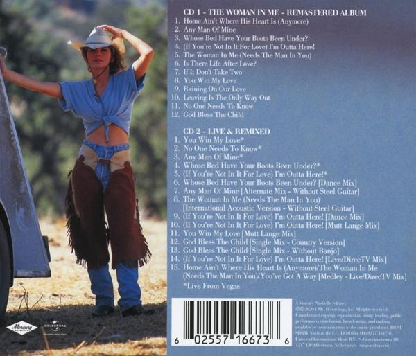 Albumcover: 'The Woman in Me' von Shania Twain. Text und Trackliste auf blauem Hintergrund.