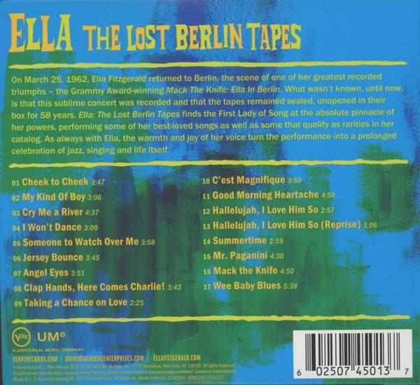 Albumcover von Ella Fitzgerald, mit Songtiteln und Text. Rückseite mit Schwarzweißtext.
