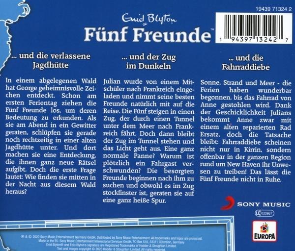 Rückseite eines deutschen Buches. Titel: Fünf Freunde. Zeigt deutschen Text, einen Barcode und ein Logo mit blauem Hintergrund.
