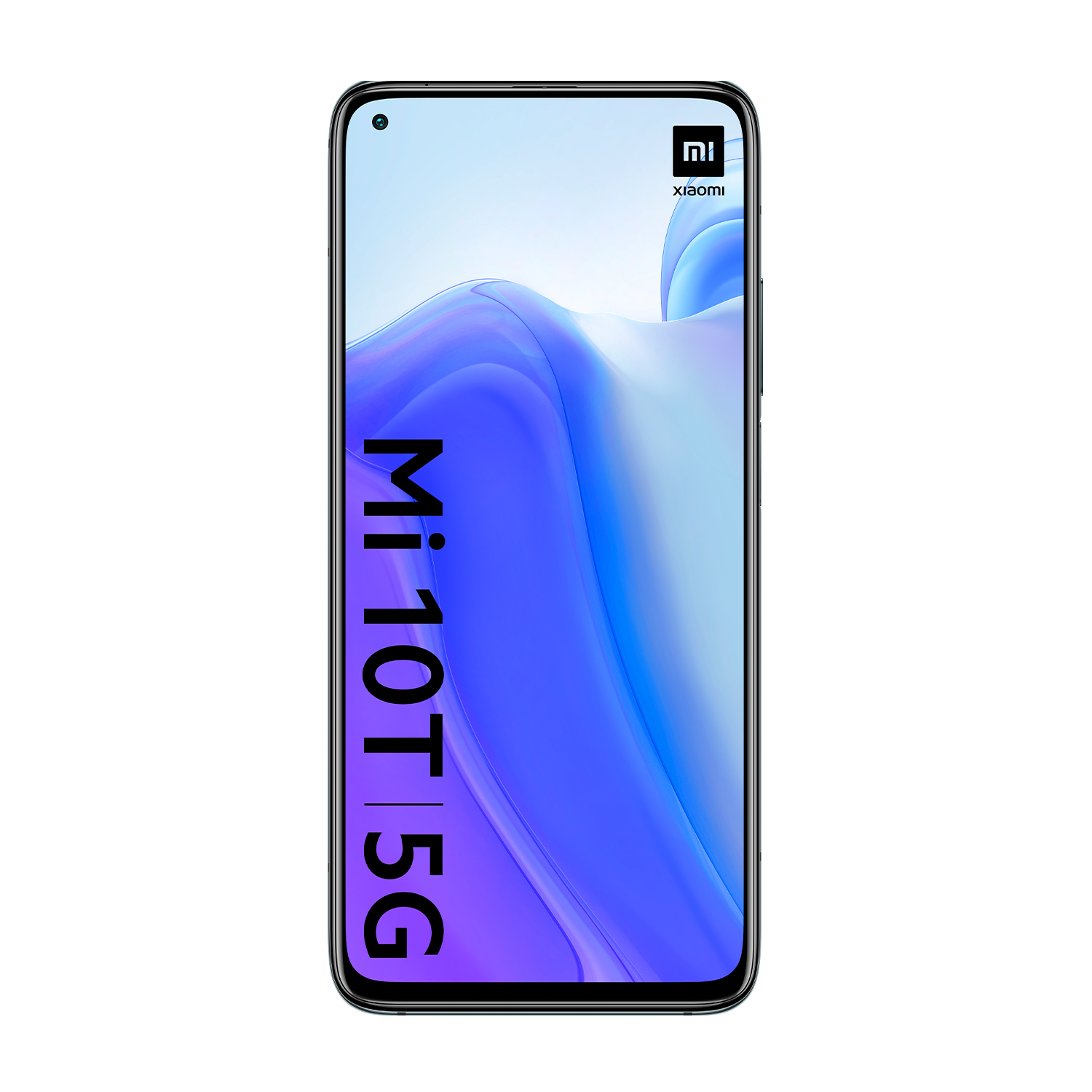 Un teléfono negro Mi 10T 5G con una pantalla que muestra un diseño azul y blanco.