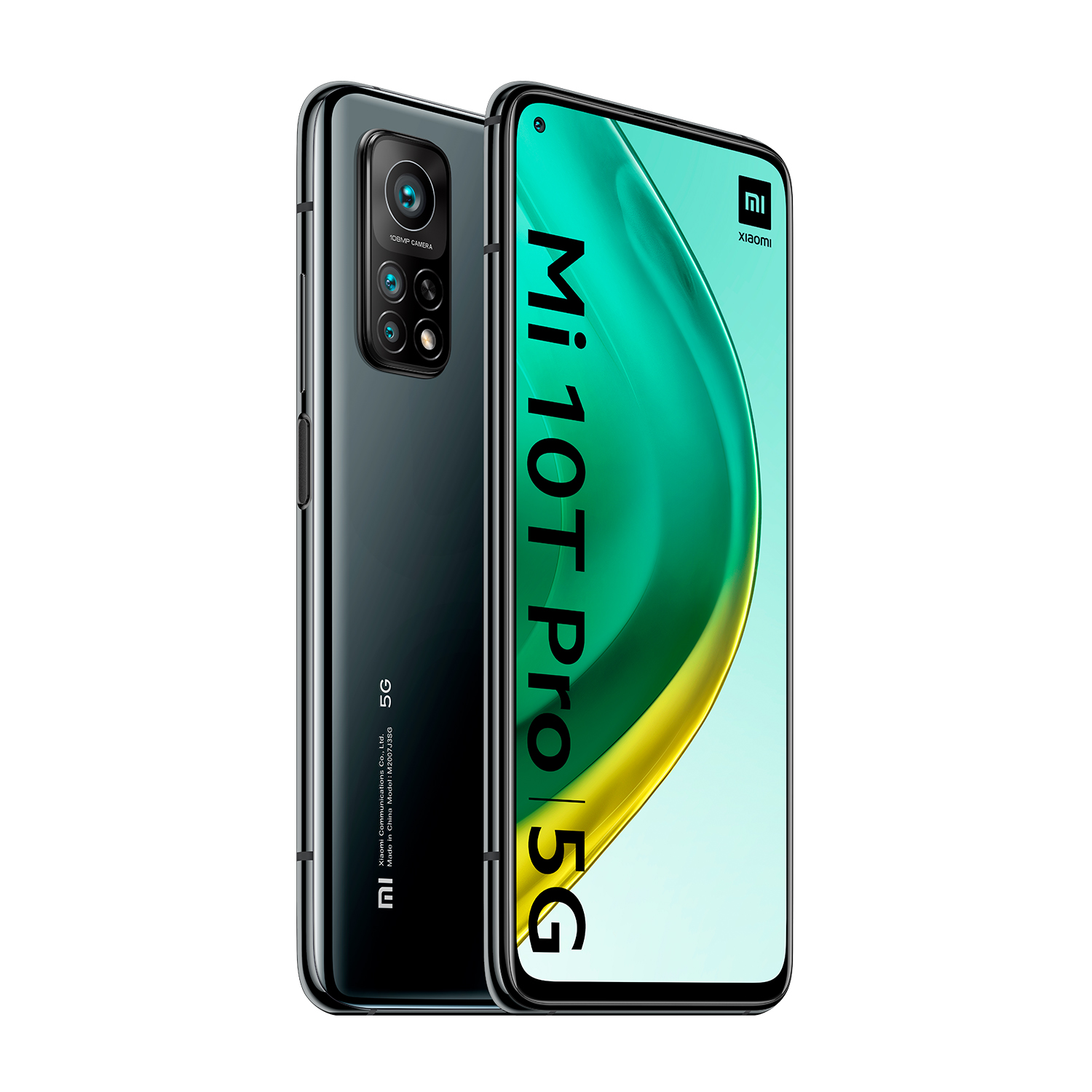 Un smartphone Xiaomi Mi 10T Pro 5G negro, mostrando las cámaras traseras y la pantalla con el nombre del teléfono.