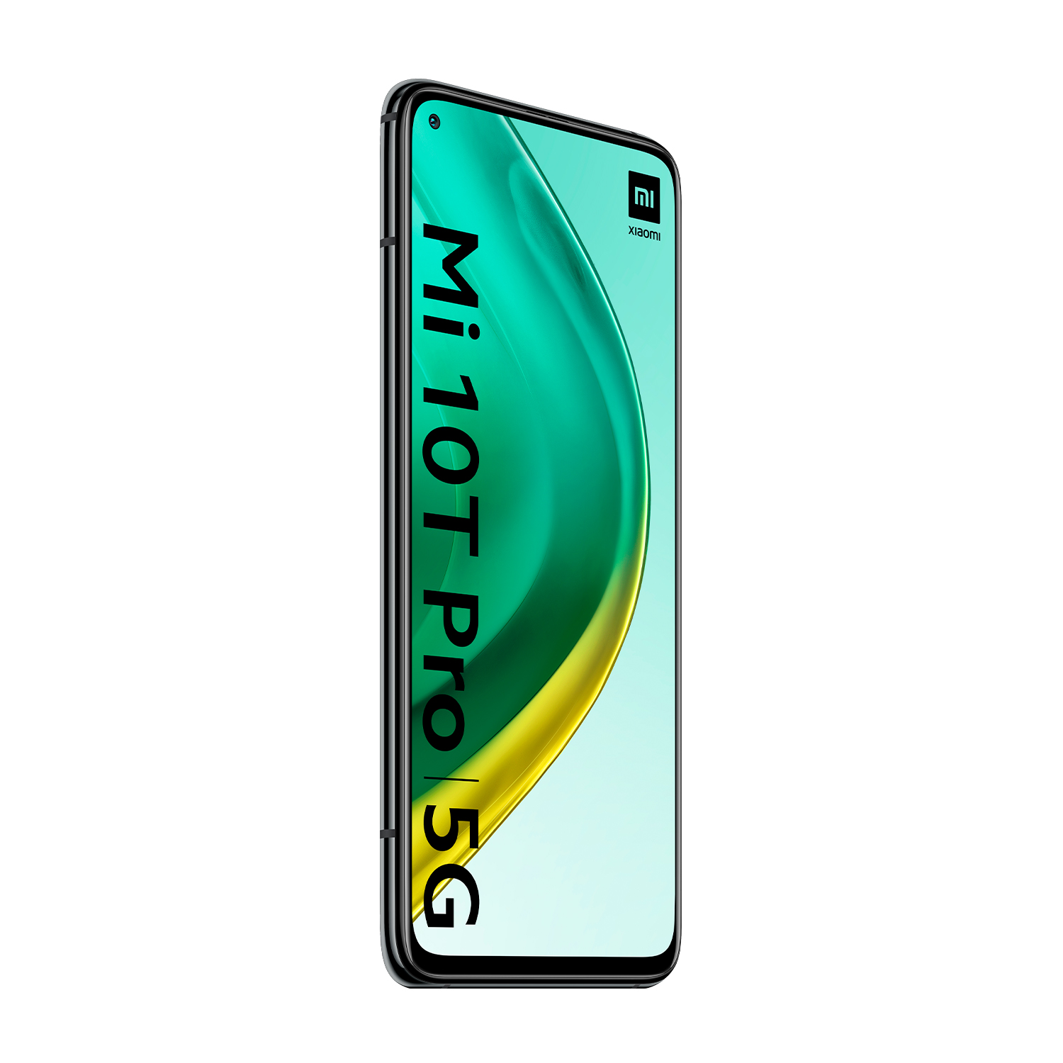 Smartphone negro con un degradado verde y amarillo en la pantalla.