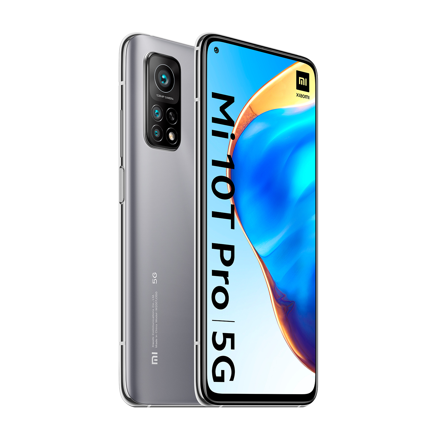 Teléfono inteligente plateado con múltiples cámaras, fondo blanco, texto: Mi 10T Pro 5G.