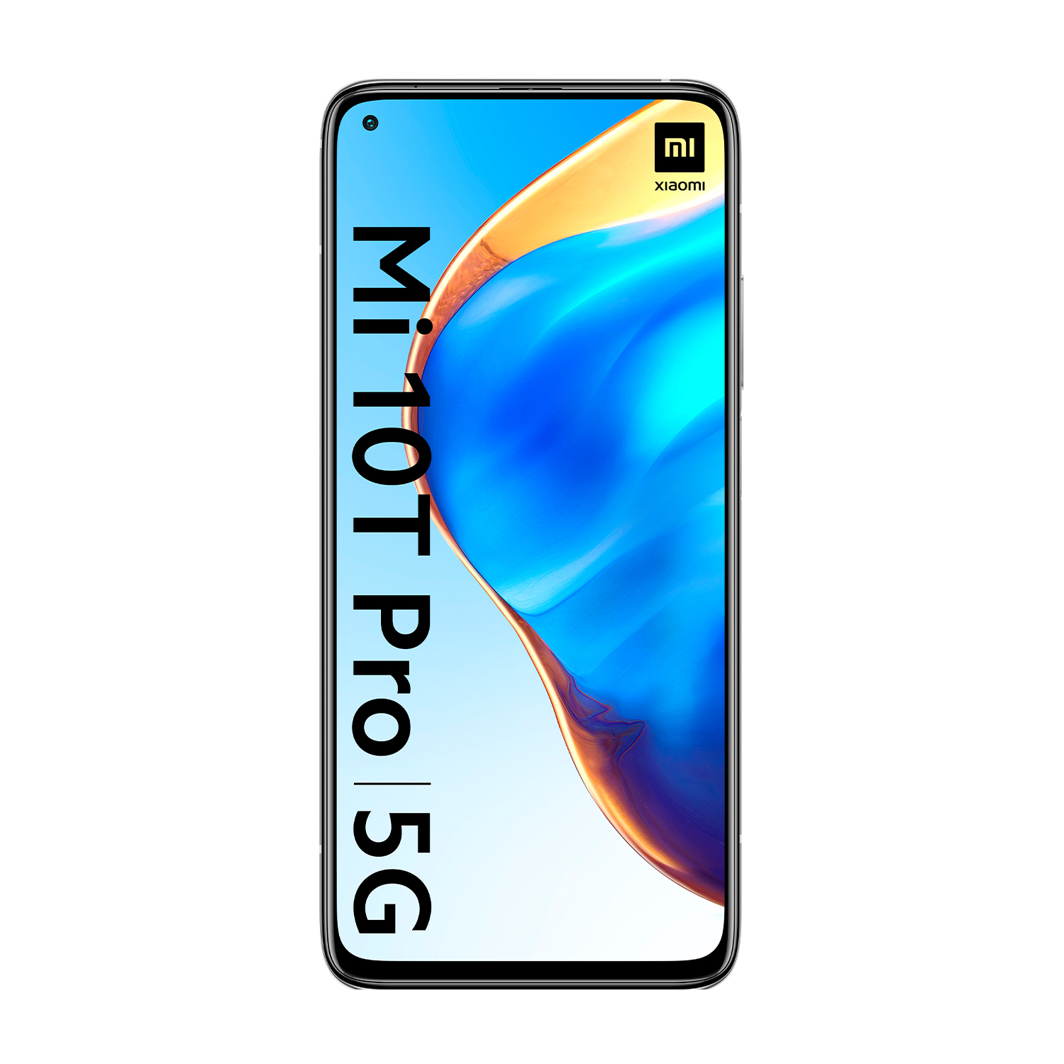 Un smartphone muestra una pantalla con el texto Mi 10T Pro 5G. El teléfono es negro y tiene una pantalla curva.