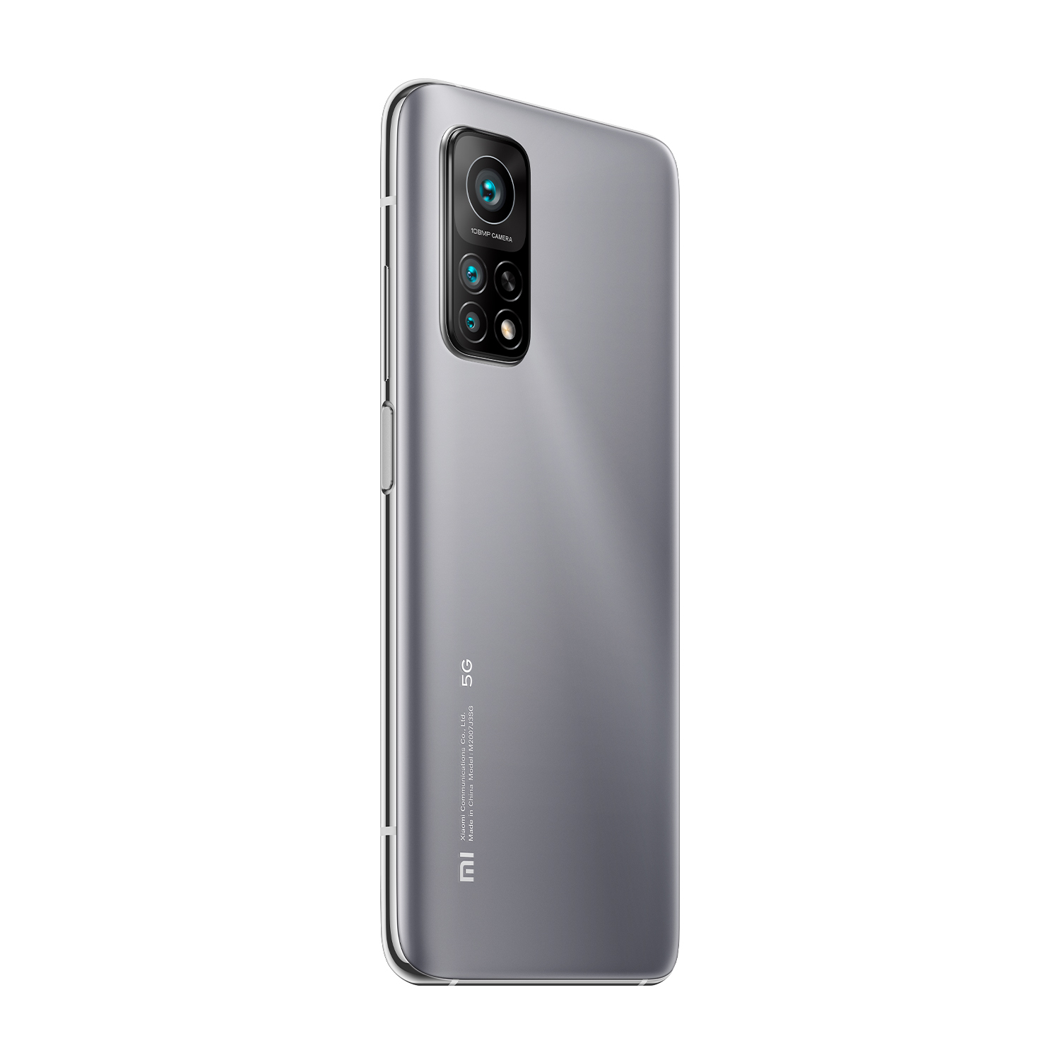 Smartphone gris desde atrás con protuberancia de cámara sobre fondo blanco.