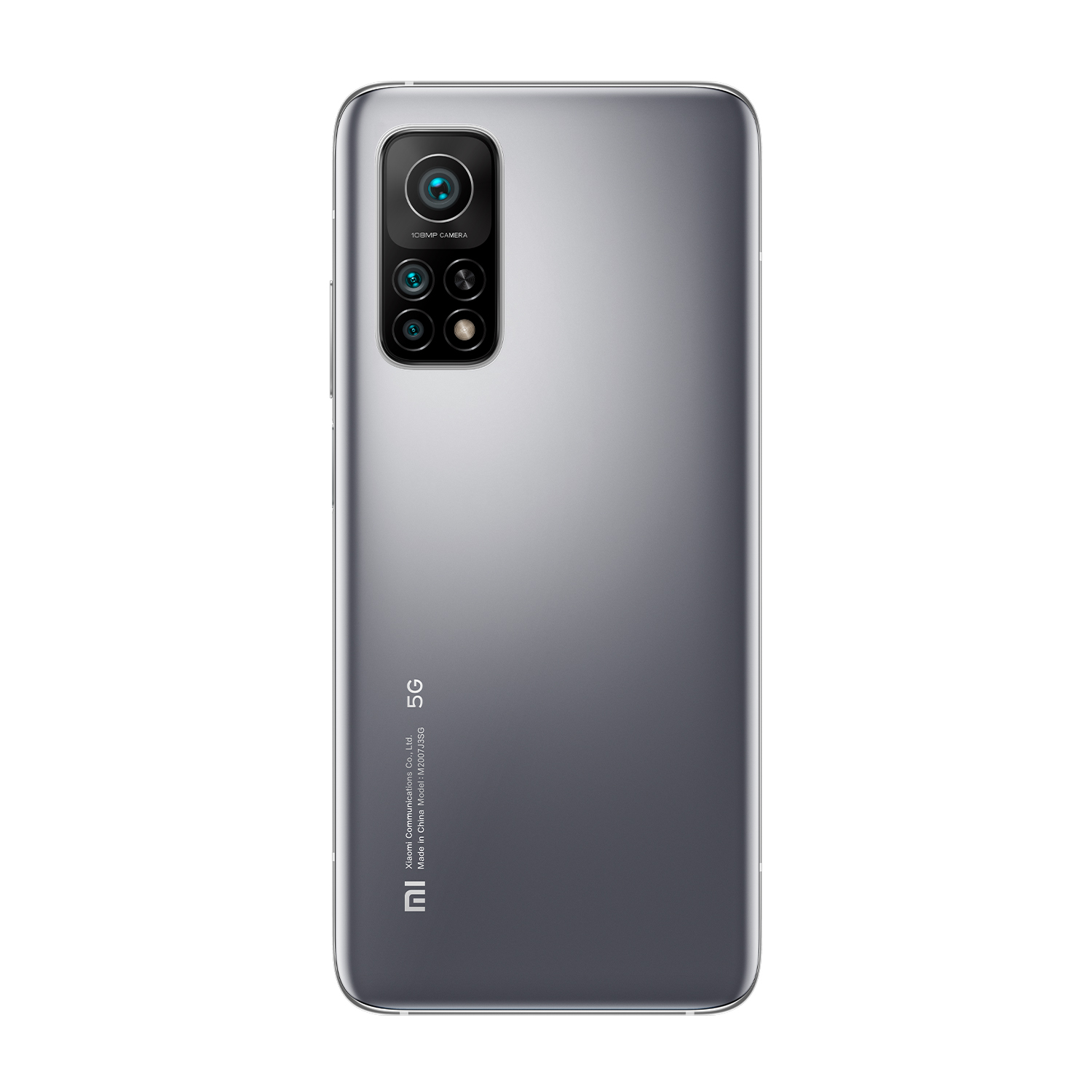 Un teléfono inteligente gris, con múltiples cámaras, sobre un fondo blanco. La parte trasera tiene un logotipo y texto.