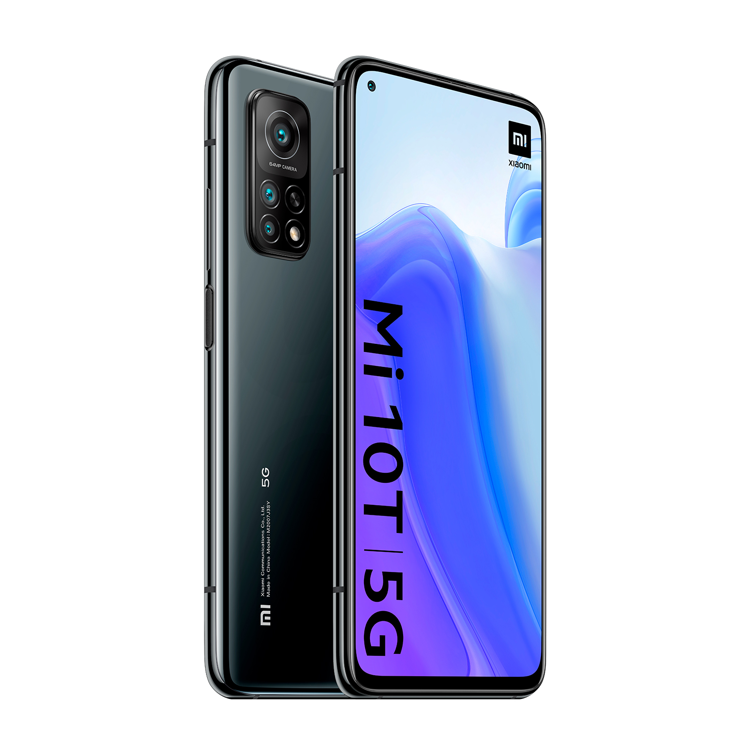 Smartphone que muestra una pantalla colorida con el texto "Mi 10T 5G".