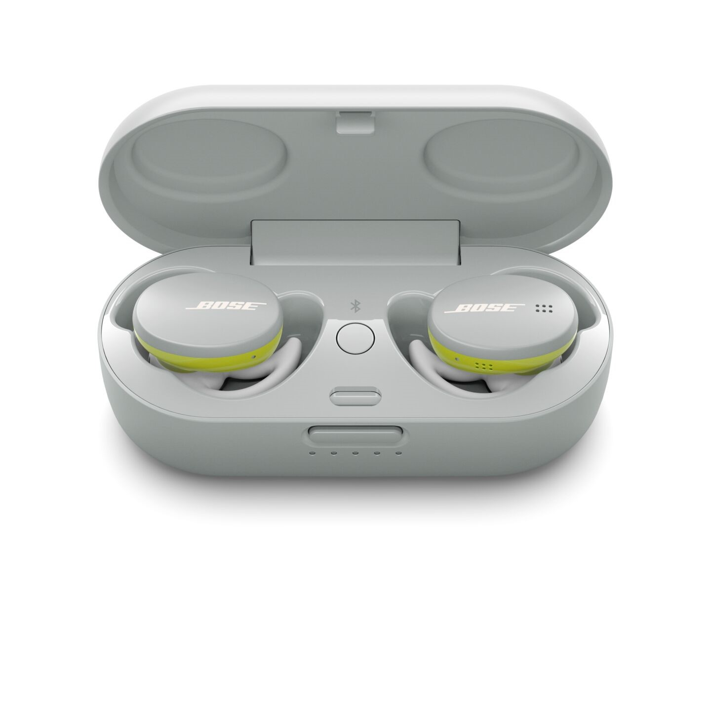 Auriculares Bose grises en un estuche de carga, acentos amarillos.