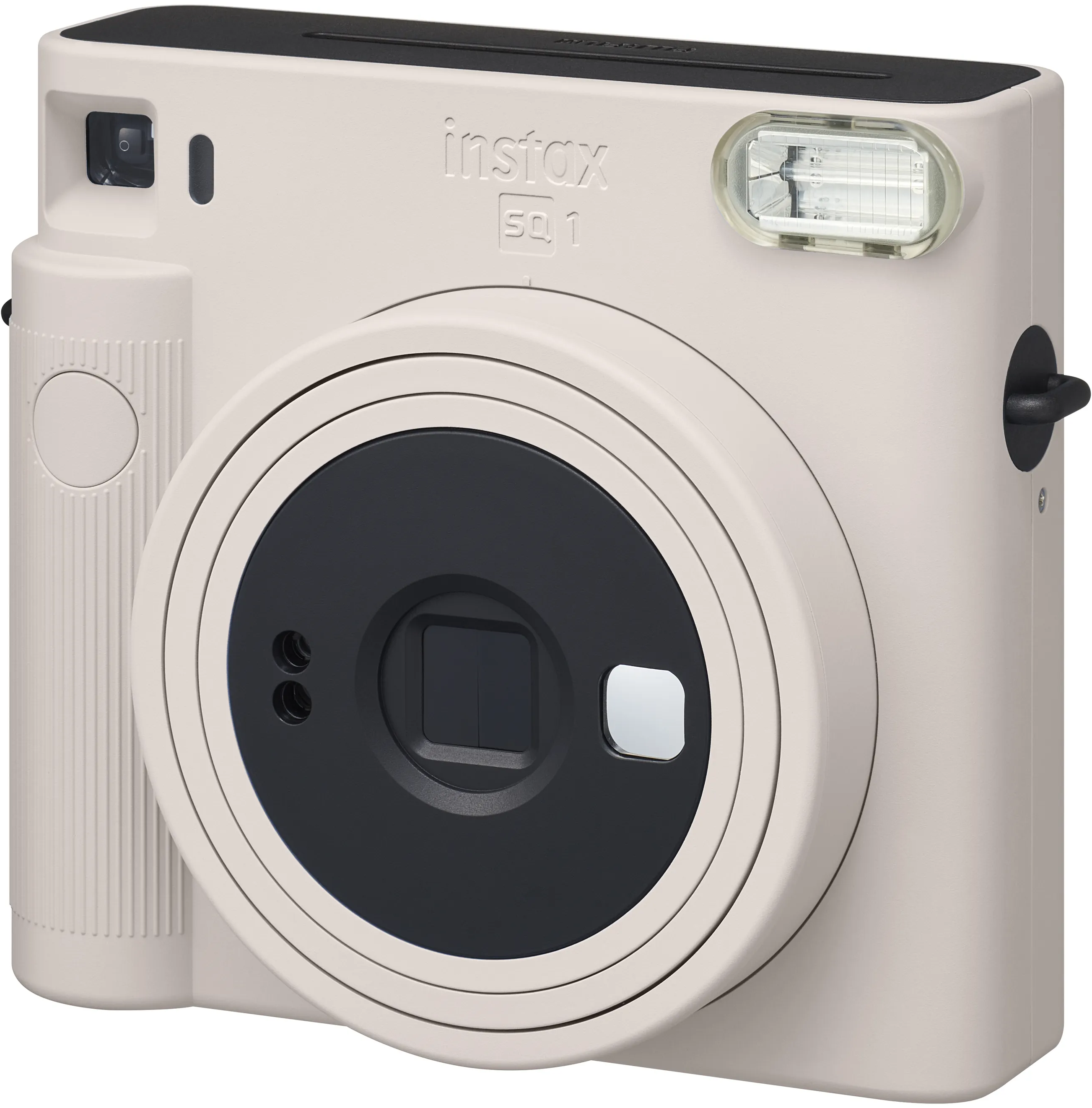 Fotocamera Instax SQ1 color crema. Obiettivo, flash e parte superiore neri. Sfondo bianco.