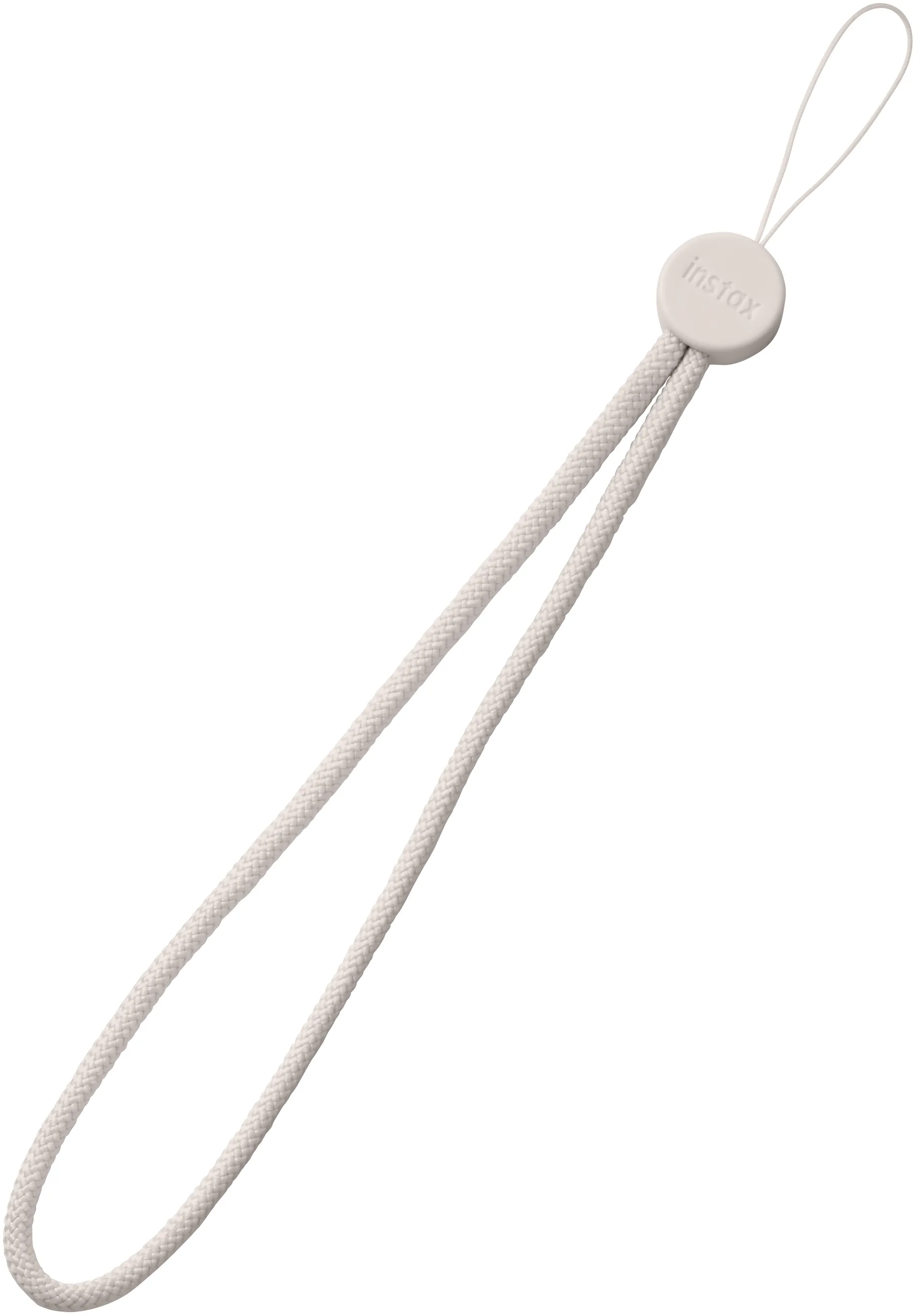 Un cinturino da polso bianco per fotocamera Instax con un accessorio circolare bianco.