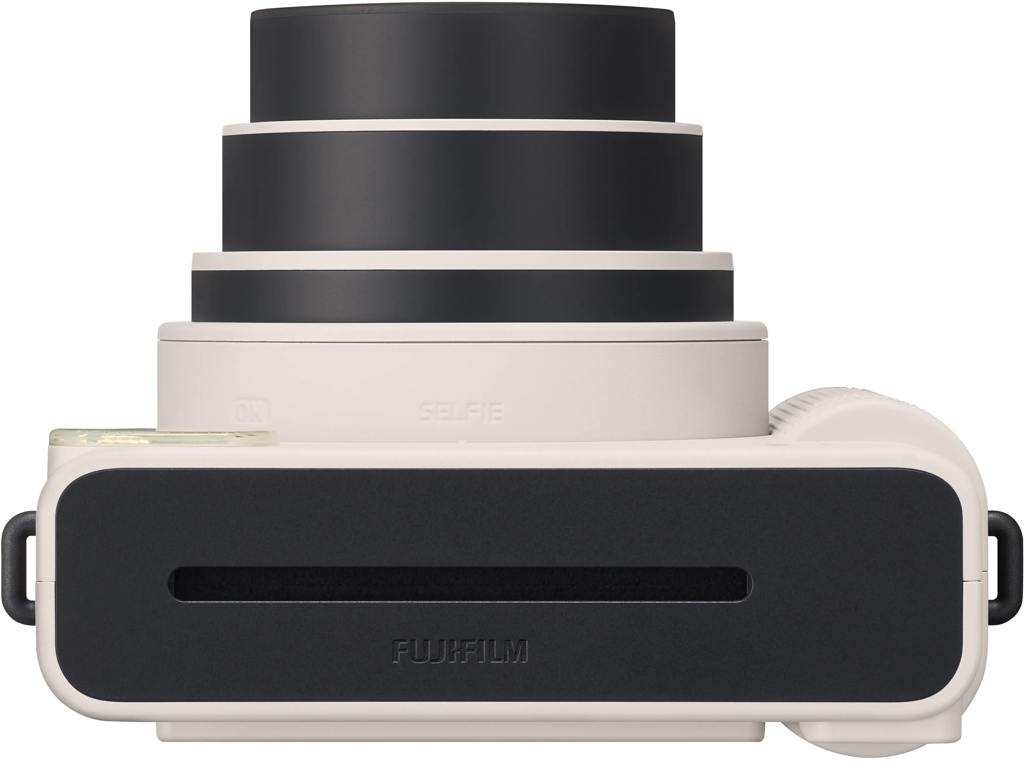 Fotocamera istantanea bianca e nera, marca Fujifilm, con specchio per selfie.