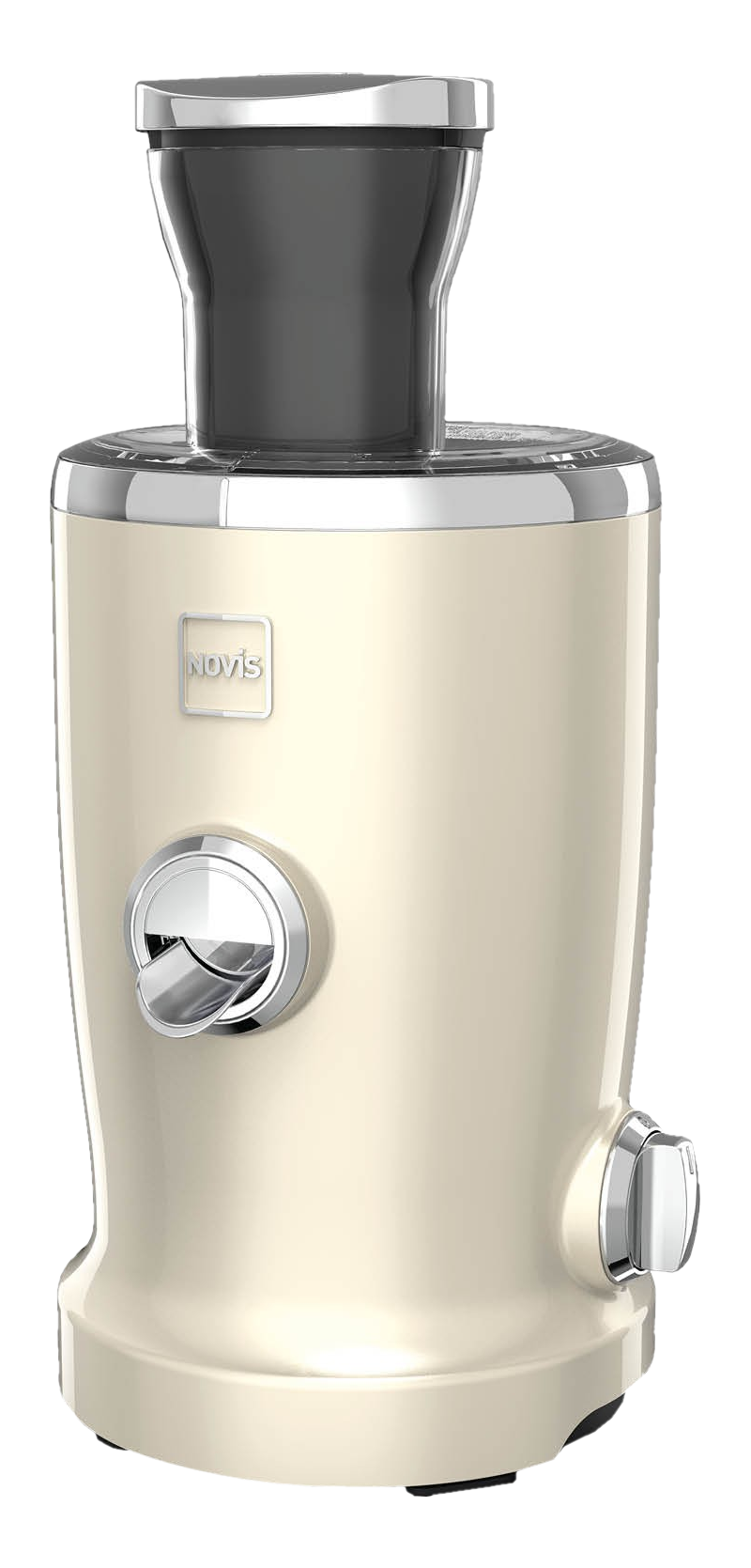 Extracteur de jus Novis couleur crème. Détails argentés, dessus noir, fond blanc.