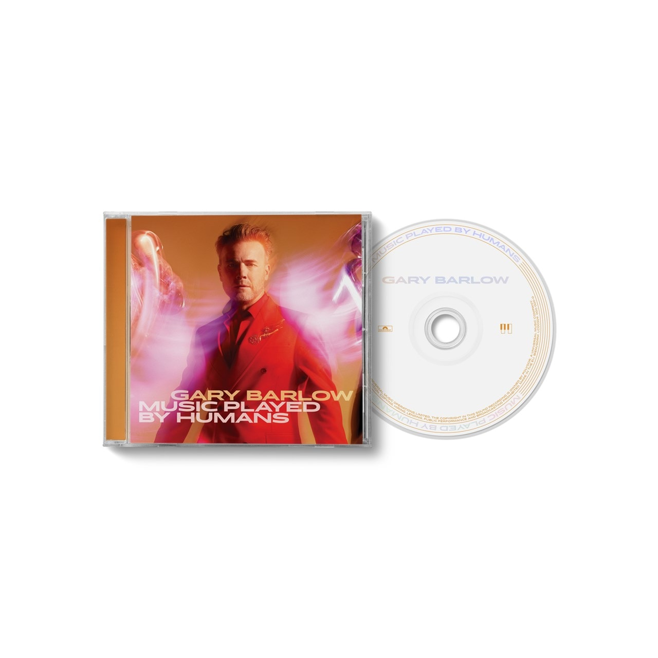 Egy CD tok és egy CD a "MUSIC PLAYED BY HUMANS" felirattal.