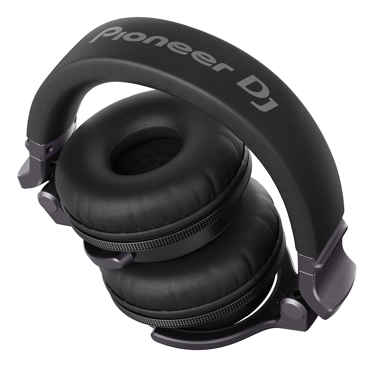 Black Pioneer DJ headphones, angled, showing earcups and headband with Pioneer DJ logo, on white.